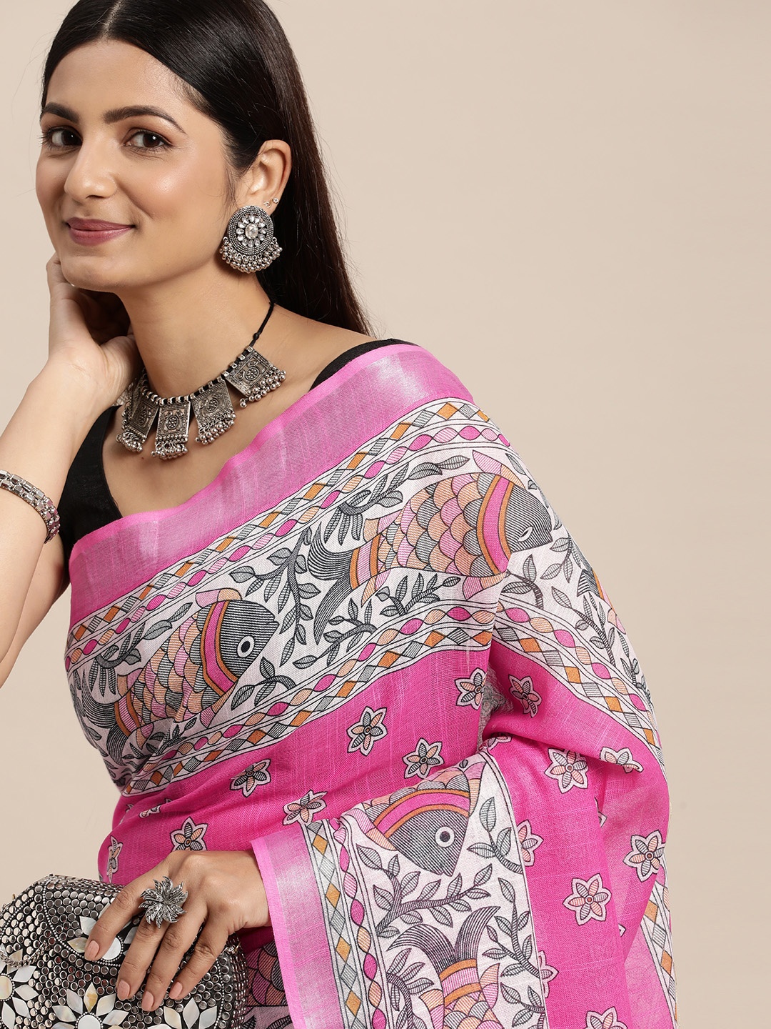 

swatika Pink & White Kalamkari Bhagalpuri Saree