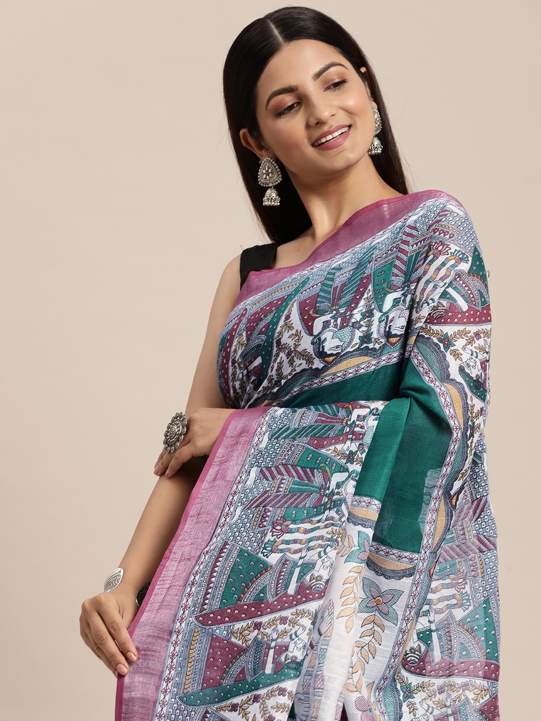 

swatika Kalamkari Print Bhagalpuri Saree, Green