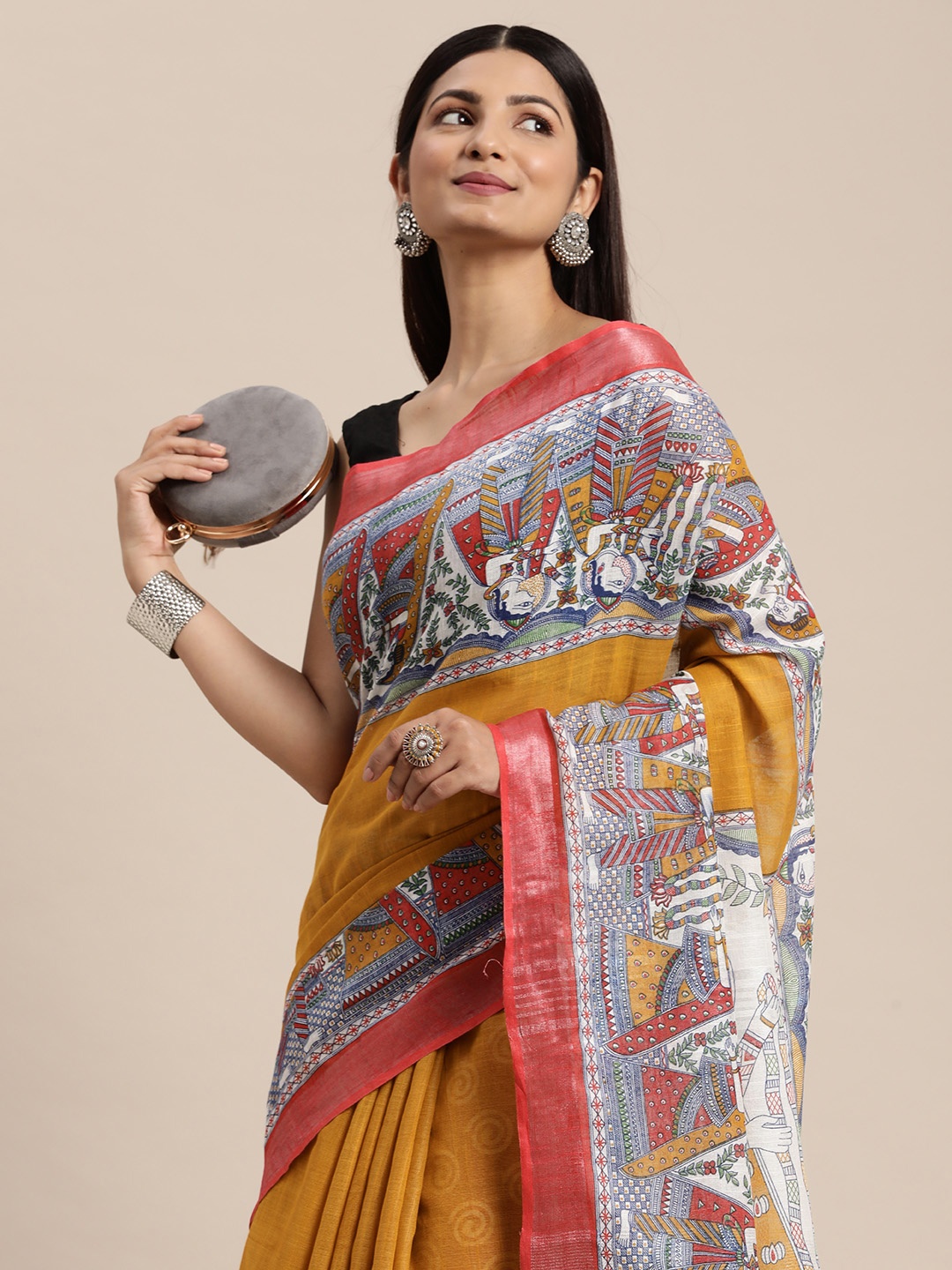 

swatika Kalamkari Print Bhagalpuri Saree, Mustard