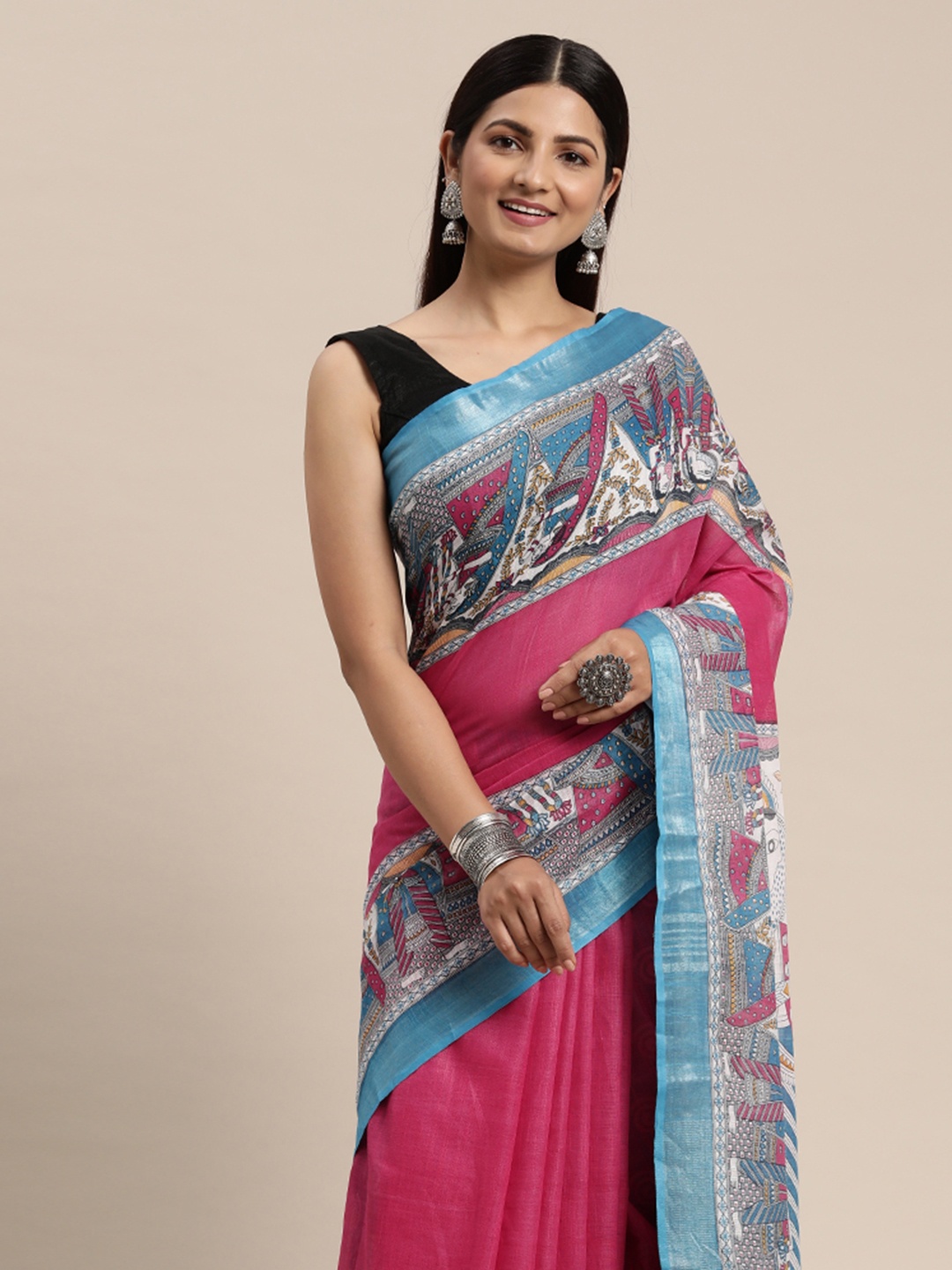 

swatika Kalamkari Print Bhagalpuri Saree, Fuchsia