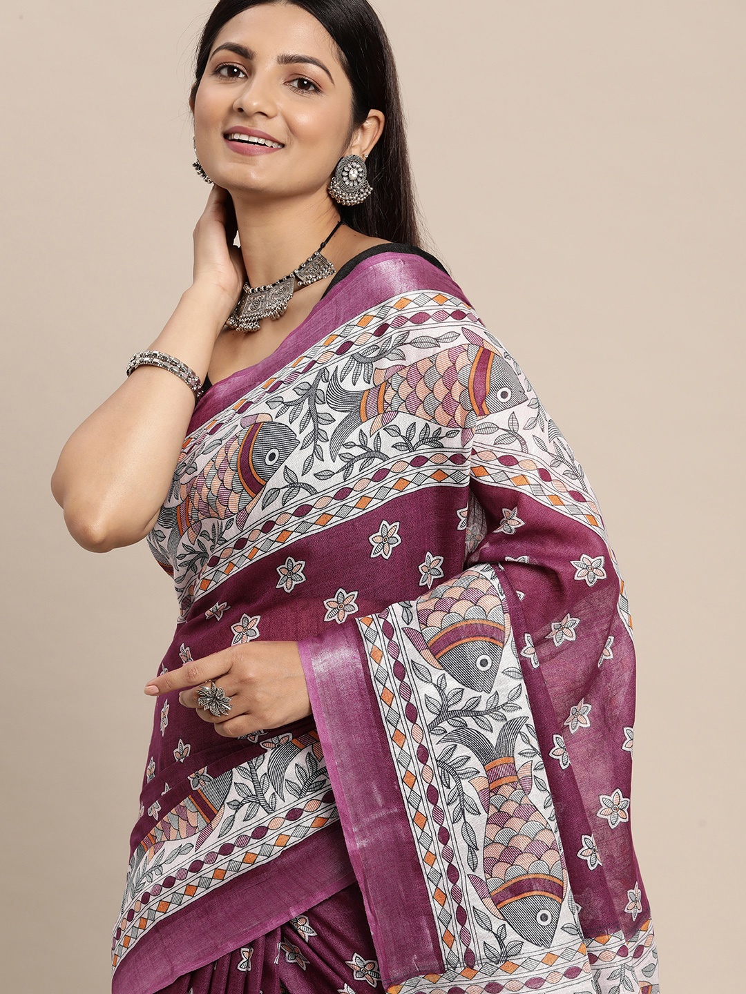 

swatika Purple & White Kalamkari Bhagalpuri Saree