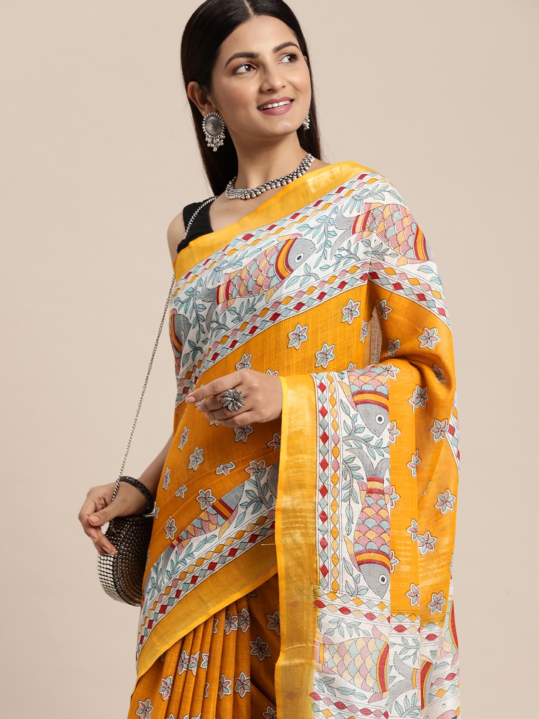 

swatika Kalamkari Bhagalpuri Saree, Mustard