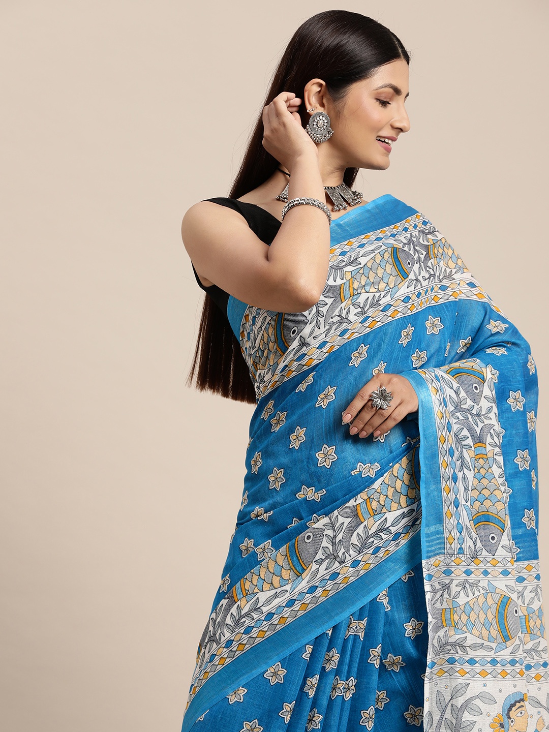 

swatika Blue & White Kalamkari Bhagalpuri Saree