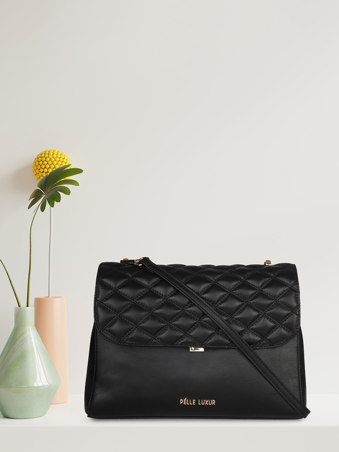 

PELLE LUXUR Black Leather Structured Sling Bag with Bow Detail