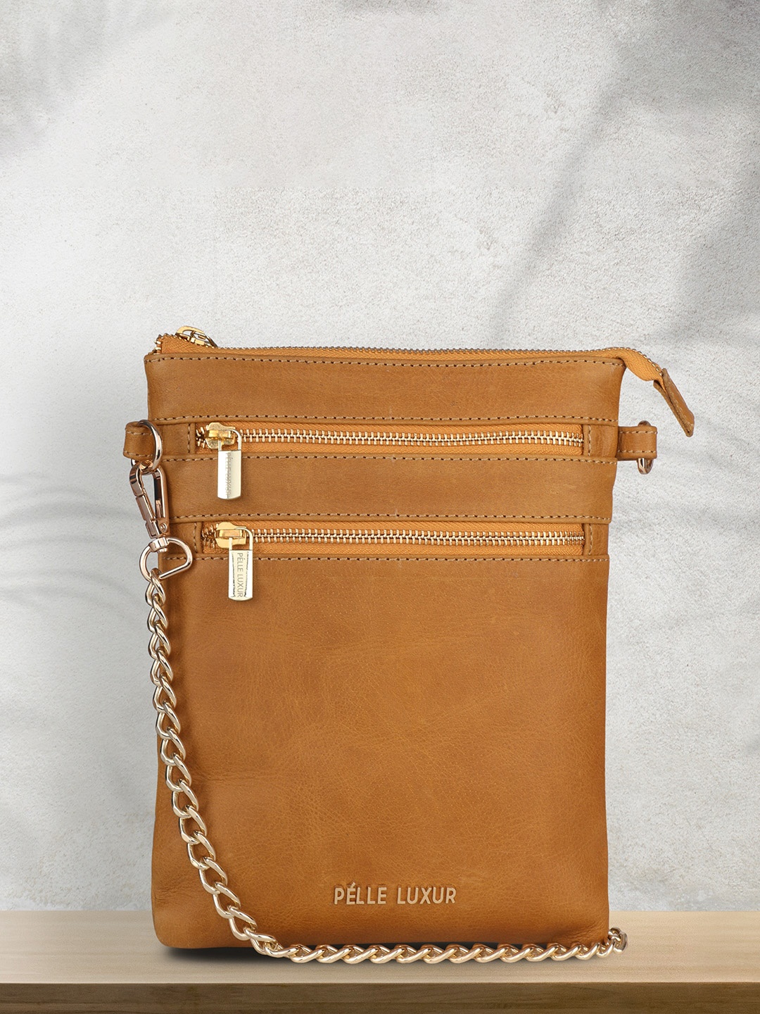 

PELLE LUXUR Mustard Leather Structured Sling Bag with Applique