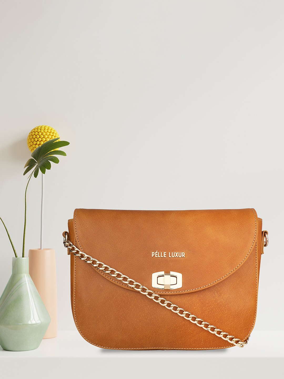 

PELLE LUXUR Brown Leather Structured Sling Bag with Tasselled