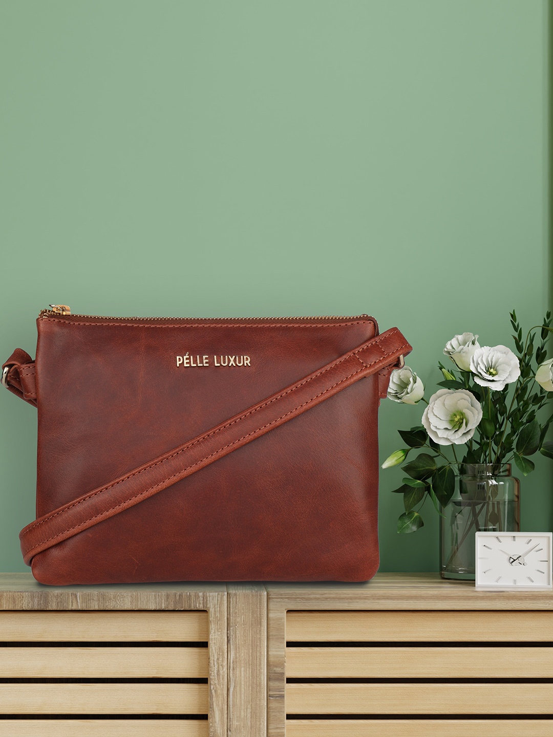 

PELLE LUXUR Brown Leather Structured Sling Bag with Tasselled