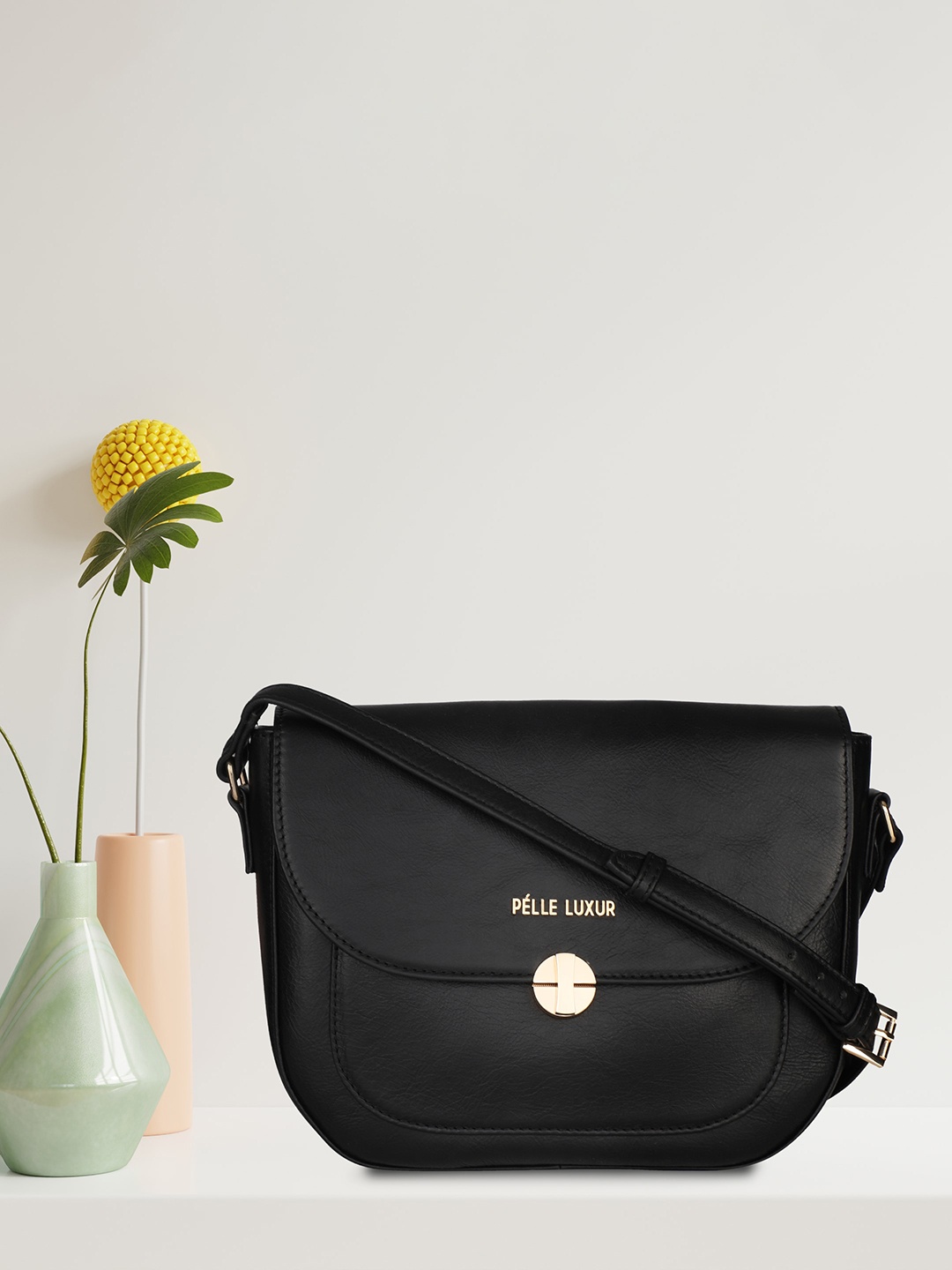 

PELLE LUXUR Black Leather Structured Sling Bag with Tasselled