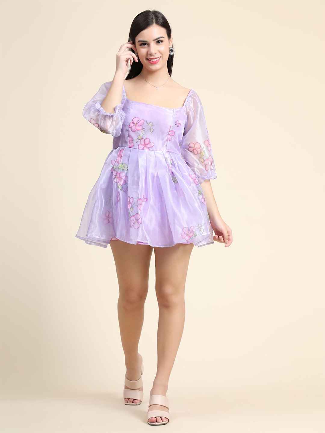 

Phenav Purple Floral Satin Mini Dress