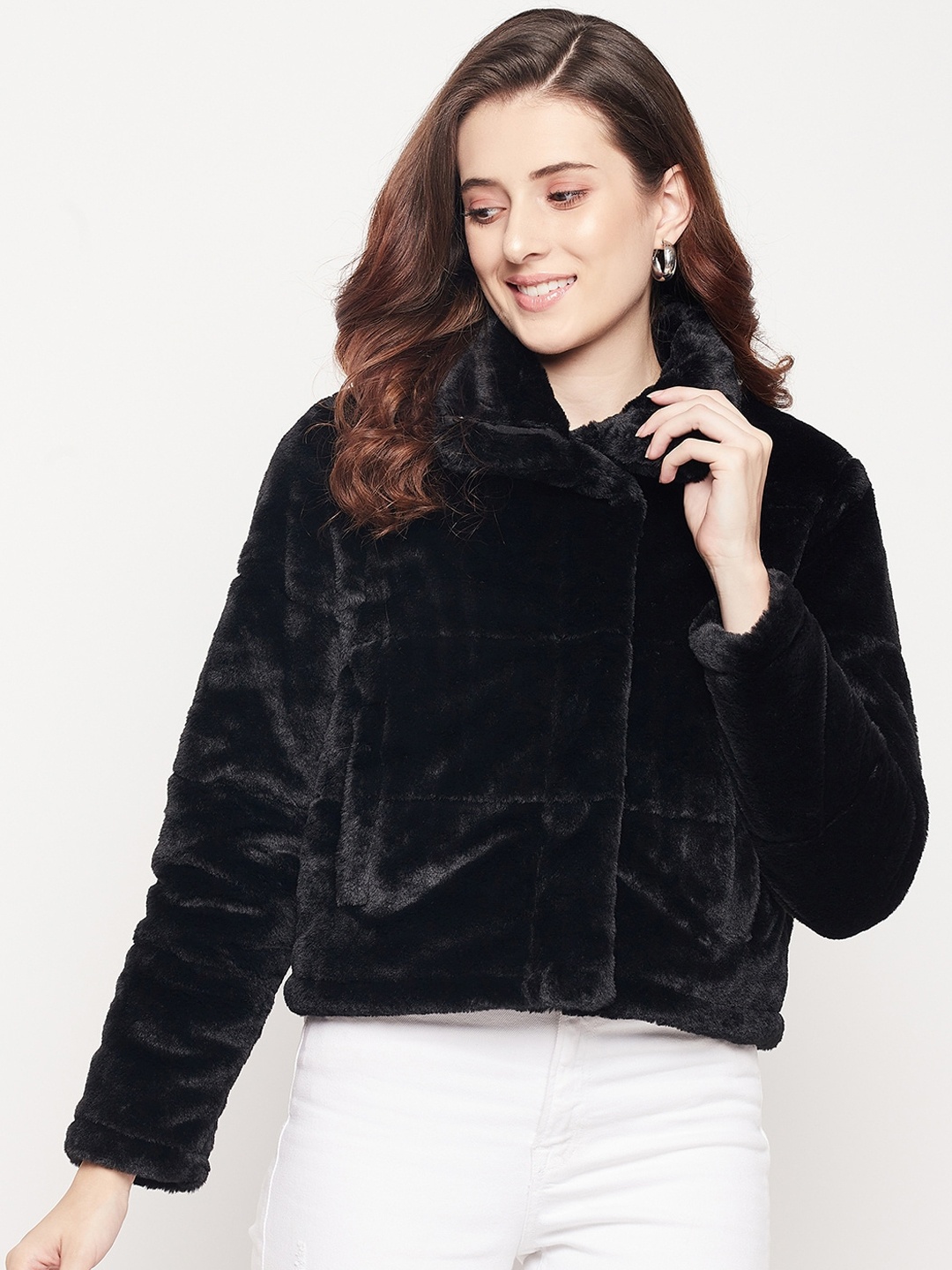 

CAMLA Women Black Camouflage Fleece Crop Tailored Jacket