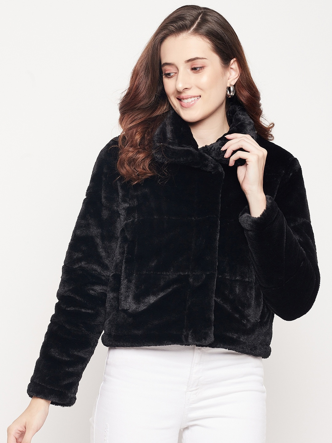 

CAMLA Women Black Camouflage Fleece Crop Tailored Jacket