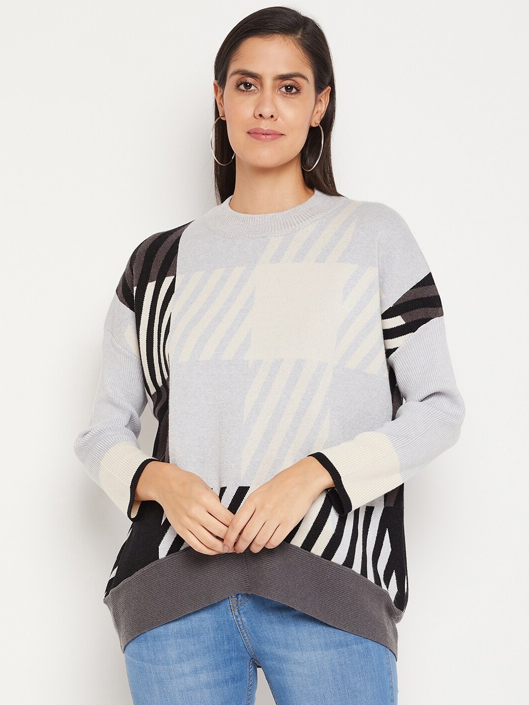 

CAMLA Women Grey & White Striped Pullover