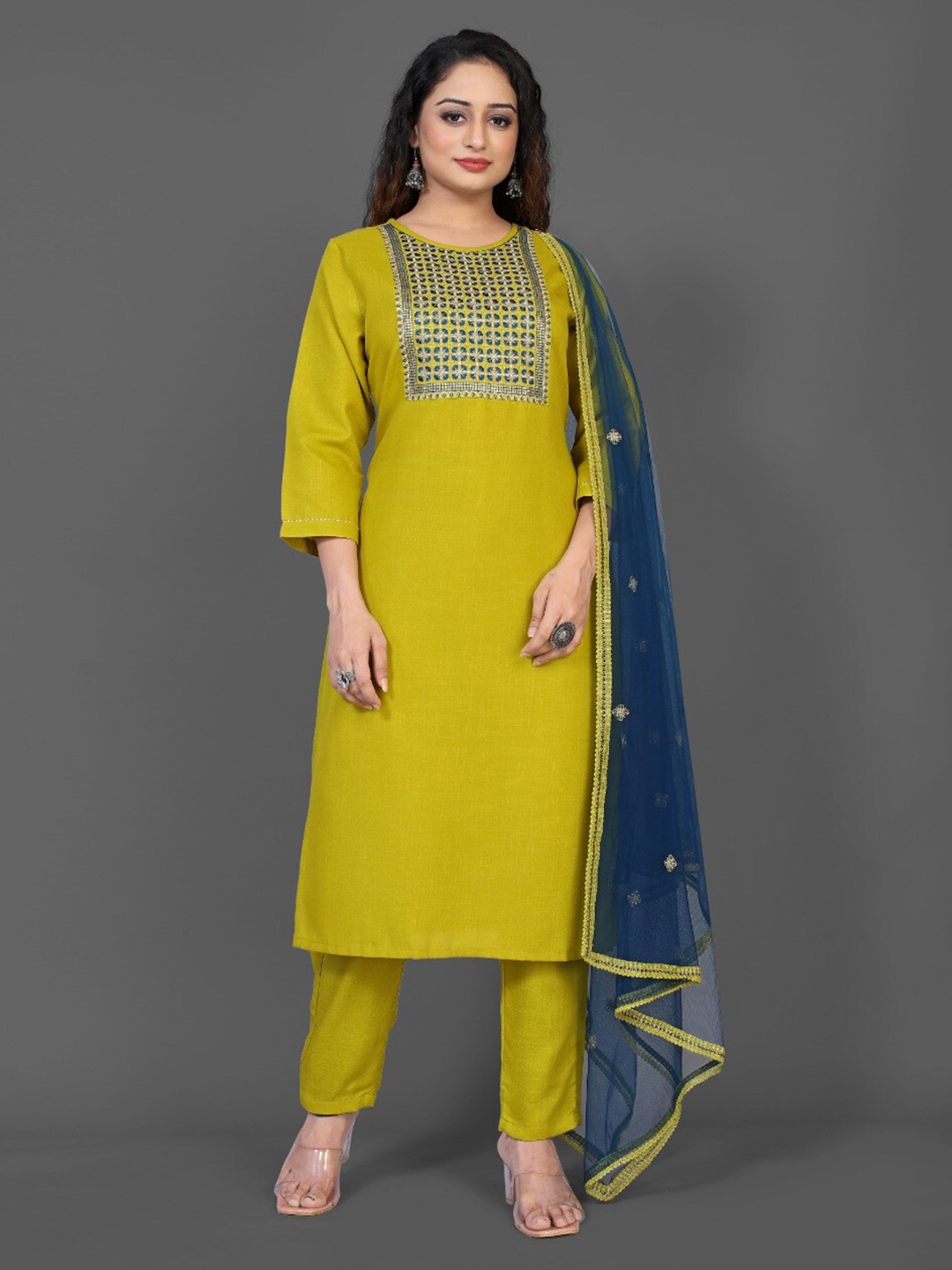 

RIVAMA Women Yellow & Blue Ethnic Motifs Embroidered Kurta