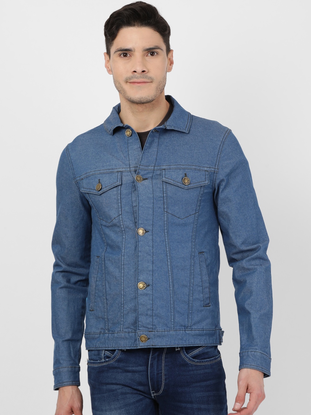 

Llak Jeans Men Blue Denim Jacket with Patchwork