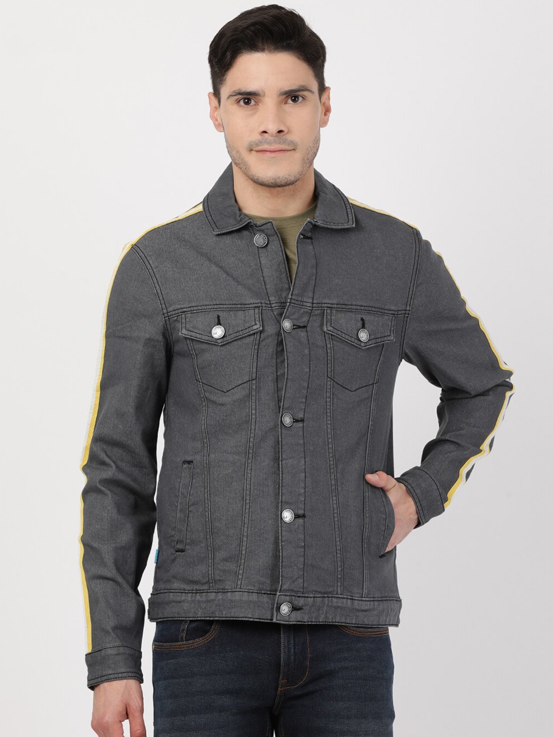 

Llak Jeans Men Charcoal Washed Denim Jacket with Patchwork