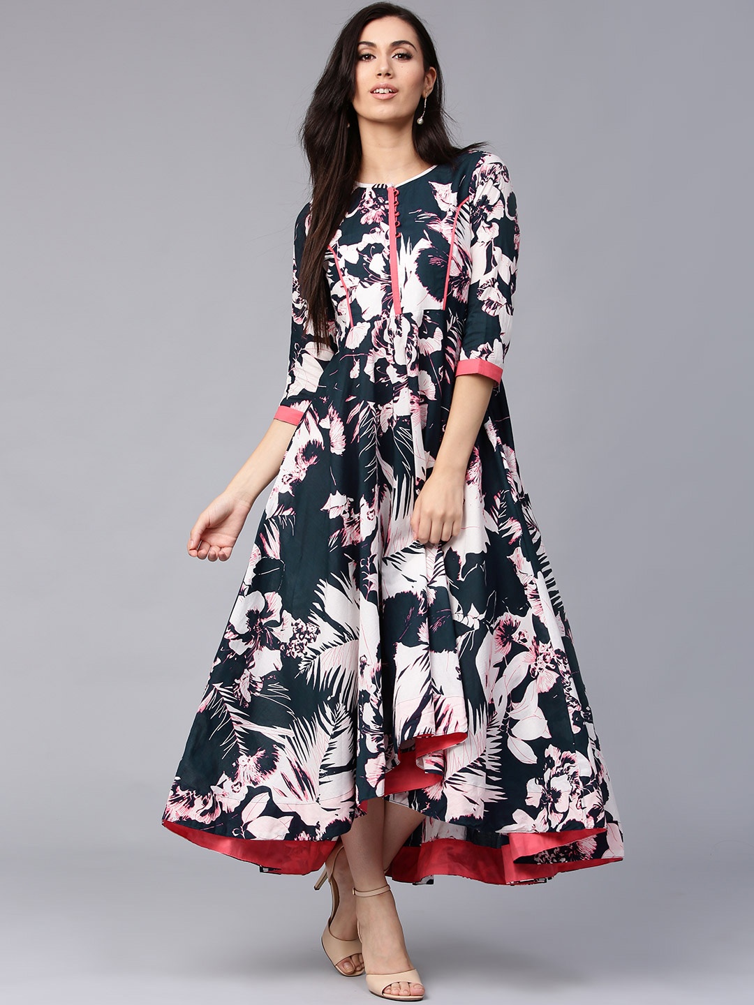 

Rain & Rainbow Women Navy Blue Tropical Print Maxi Dress