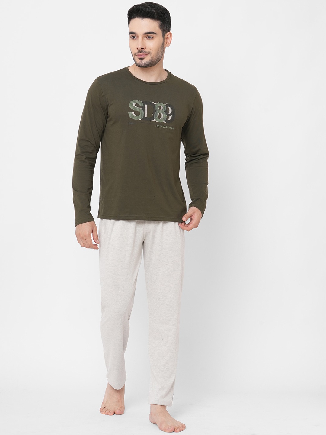 

Sweet Dreams Men Olive Green & White Printed Night suit