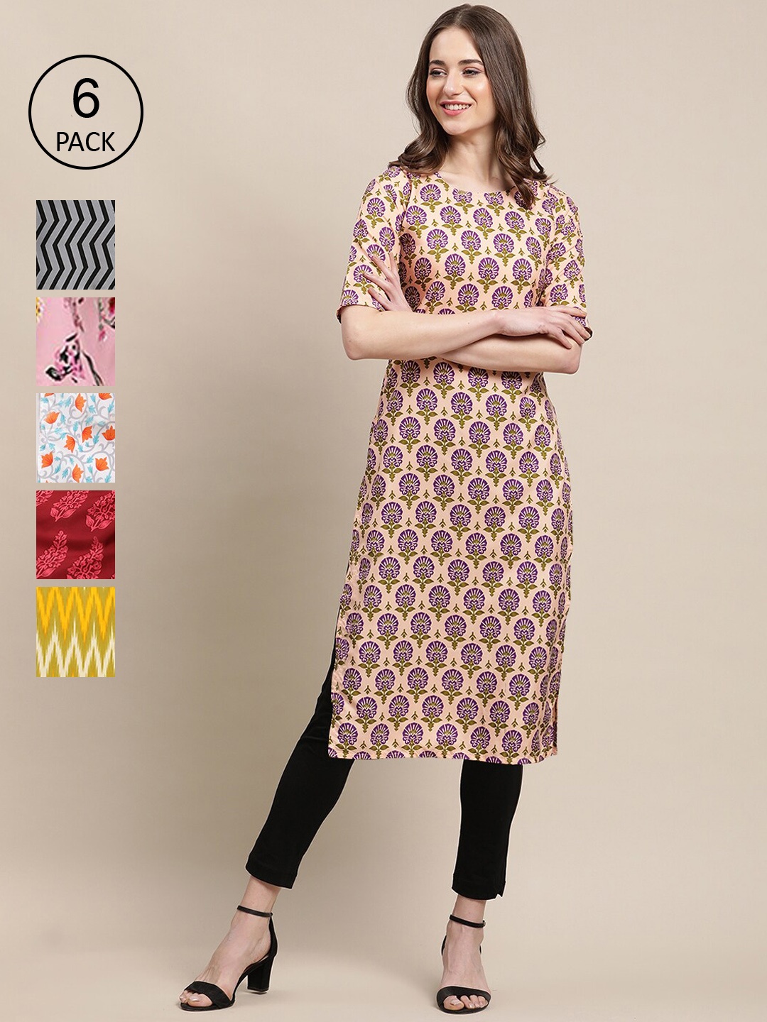 

7Threads Women Multicoloured Geometric Striped Flared Sleeves Gotta Patti Block Print Crepe Kurta, Multi