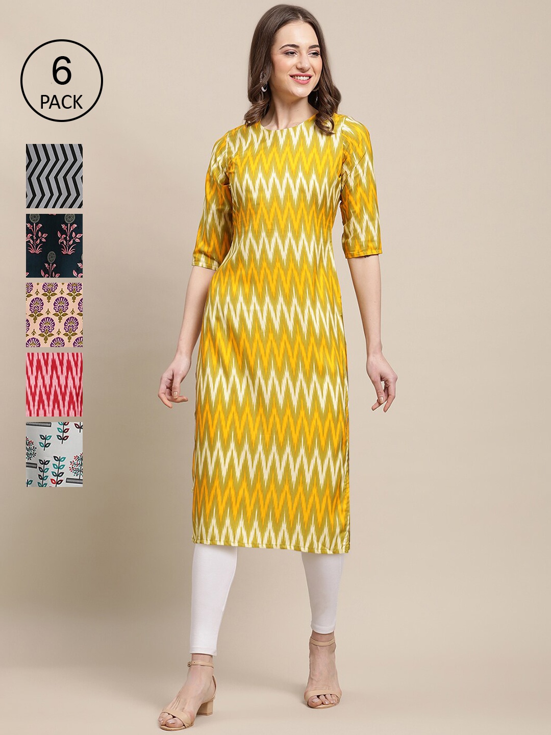 

7Threads Women Multicoloured Geometric Striped Flared Sleeves Gotta Patti Block Print Crepe Kurta, Multi