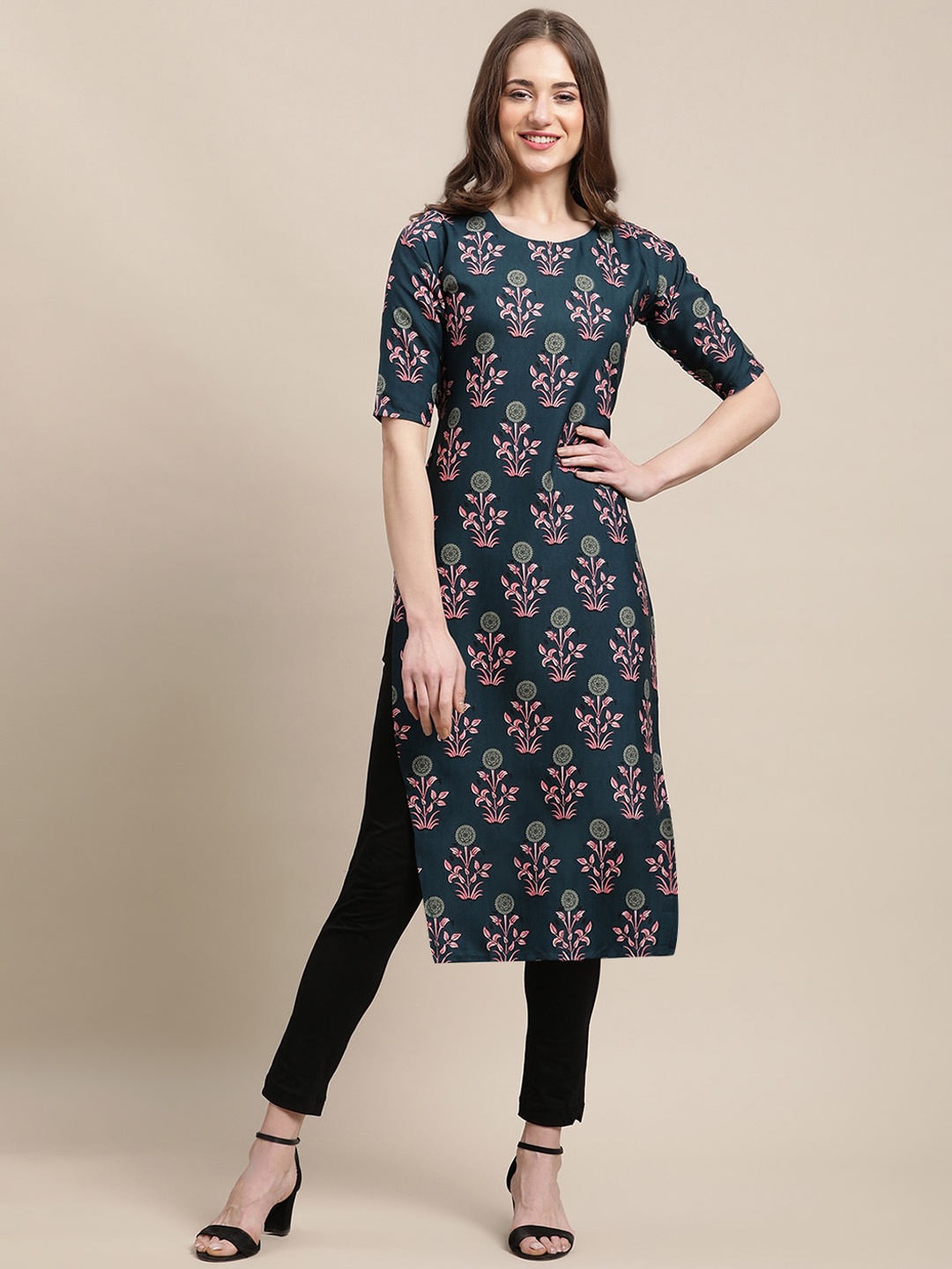 

7Threads Women Multicoloured Floral Printed Block Print Crepe Kurta, Multi