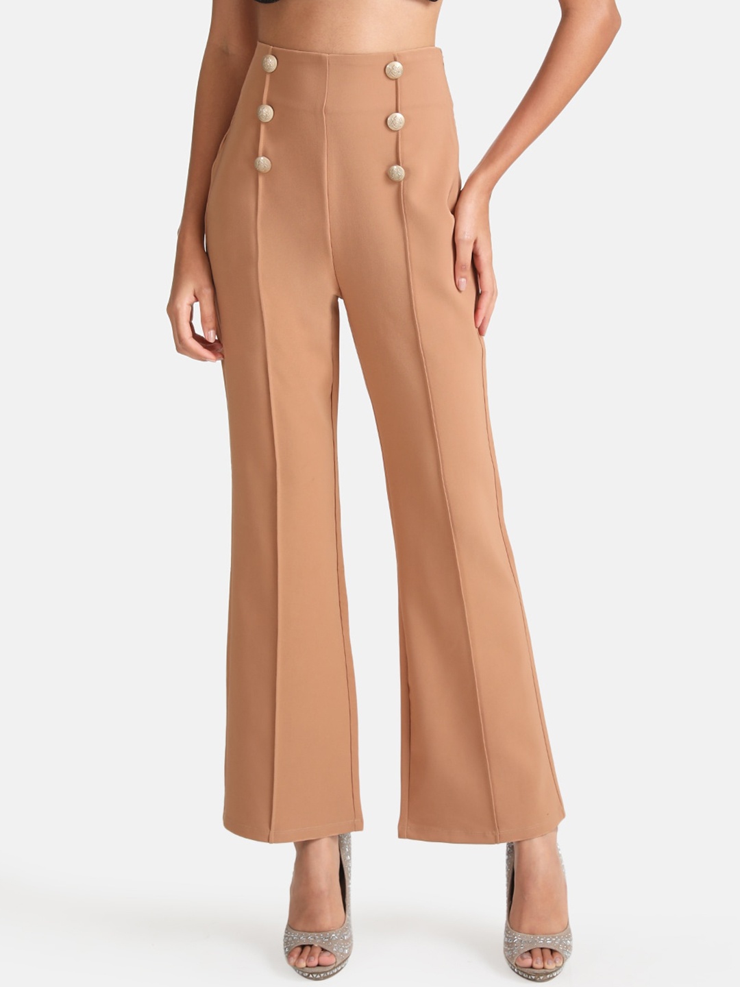 

Kazo Women Beige Flared High-Rise Trousers