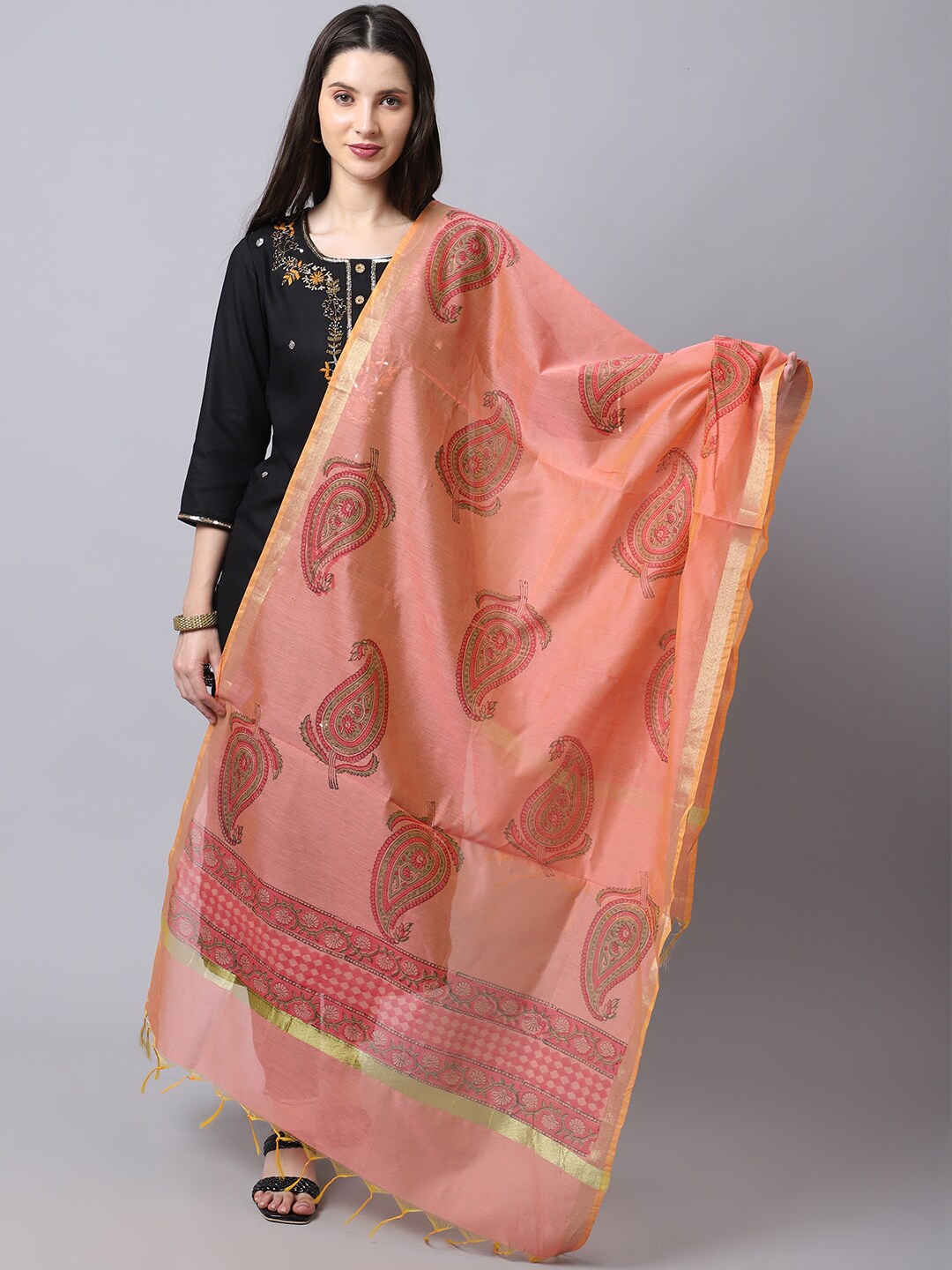 

LOOM LEGACY Pink & Green Ethnic Motifs Printed Cotton Silk Dupatta with Zari