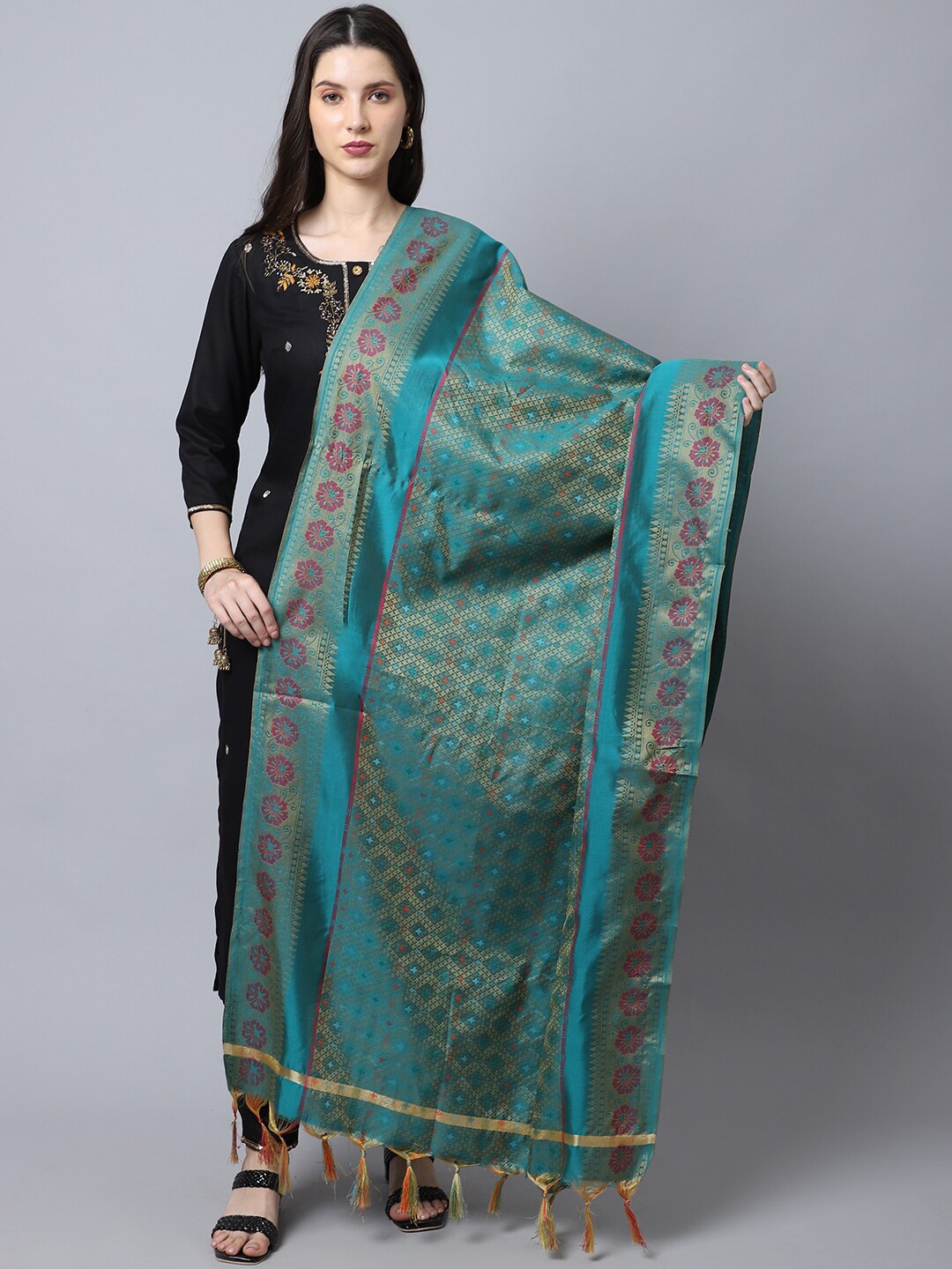 

LOOM LEGACY Turquoise Blue & Gold-Toned Woven Design Cotton Silk Dupatta with Zari