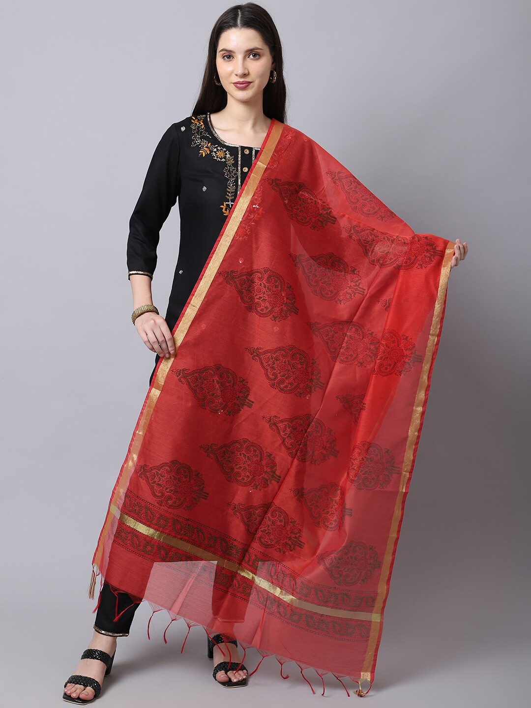 

LOOM LEGACY Red & Gold-Toned Ethnic Motifs Printed Cotton Silk Dupatta with Zari