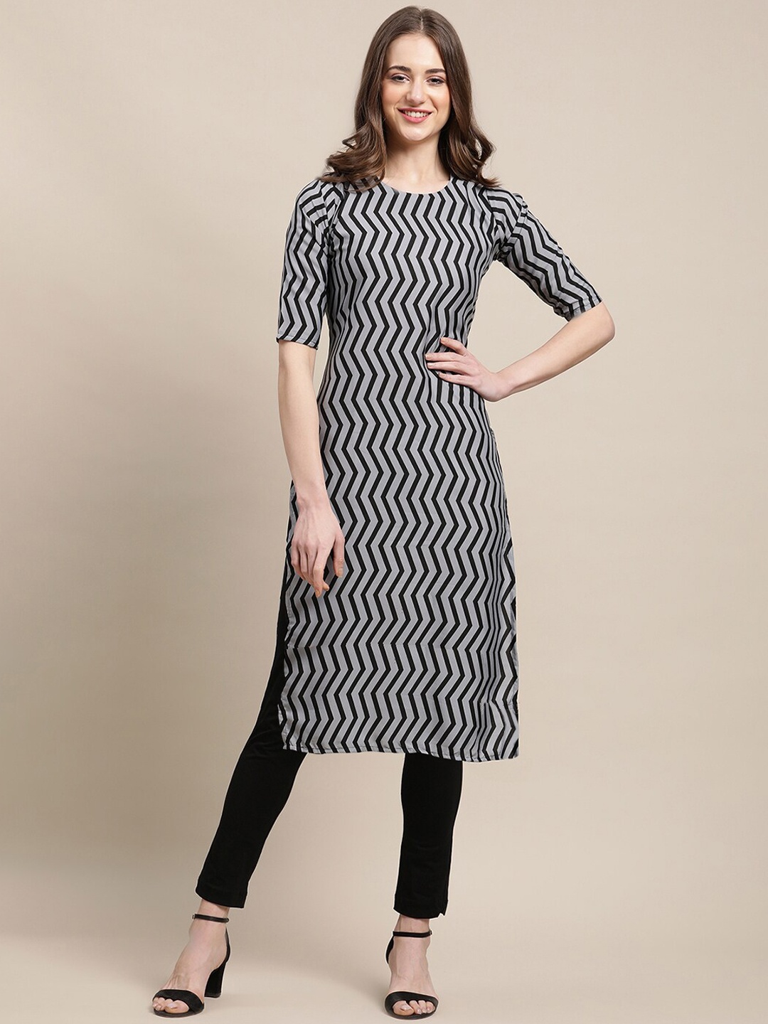 

7Threads Women Multicoloured Geometric Printed Cold-Shoulder Sleeves Block Print Crepe Kurta, Multi