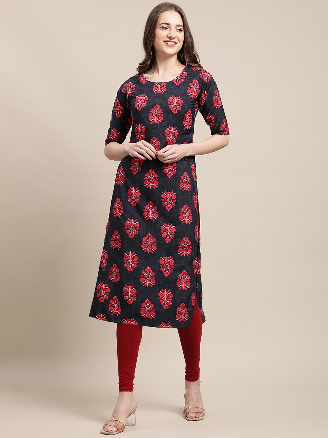 

7Threads Women Multicoloured Ethnic Motifs Printed Keyhole Neck Flared Sleeves Block Print Crepe Kurta, Multi