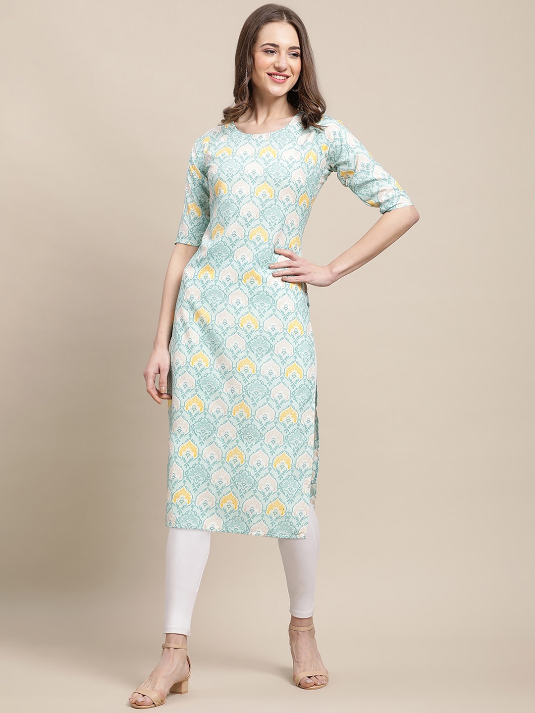

7Threads Women Multicoloured Geometric Printed Chikankari Block Print Crepe Kurta, Multi