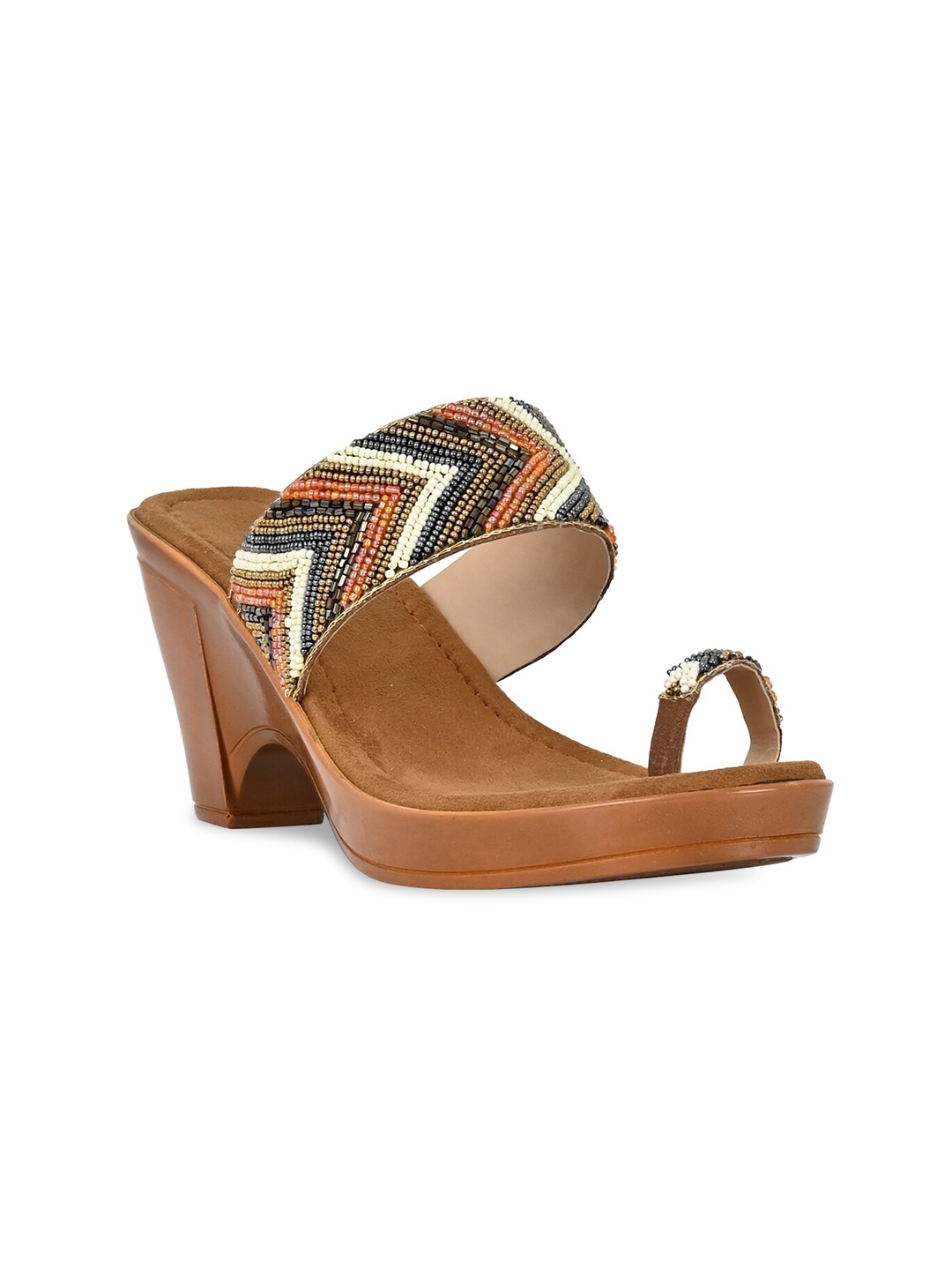 

Jove Tan Embellished Ethnic Block Heels