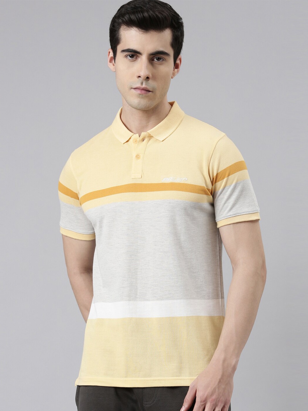 

Proline Active Men Yellow & Grey Colourblocked Polo Collar T-shirt
