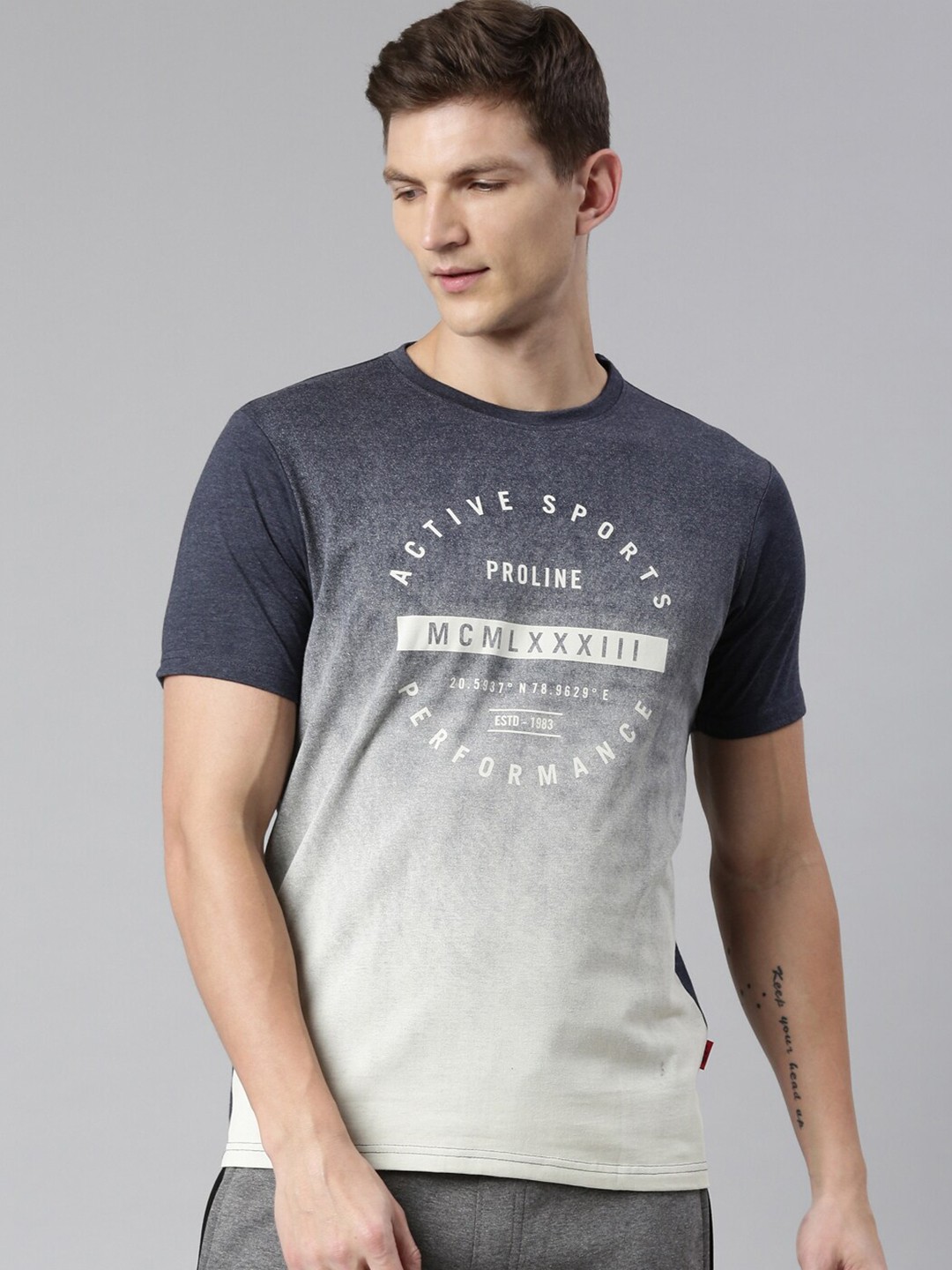 

Proline Active Men Blue & Grey Typography Printed T-shirt