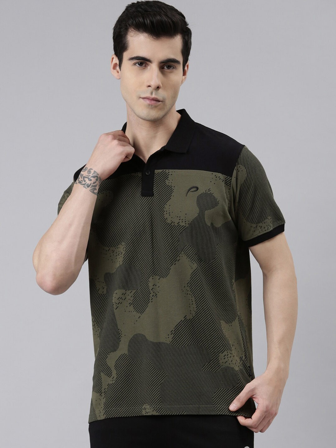 

Proline Active Men Olive Green & Black Camouflage Printed Polo Collar T-shirt