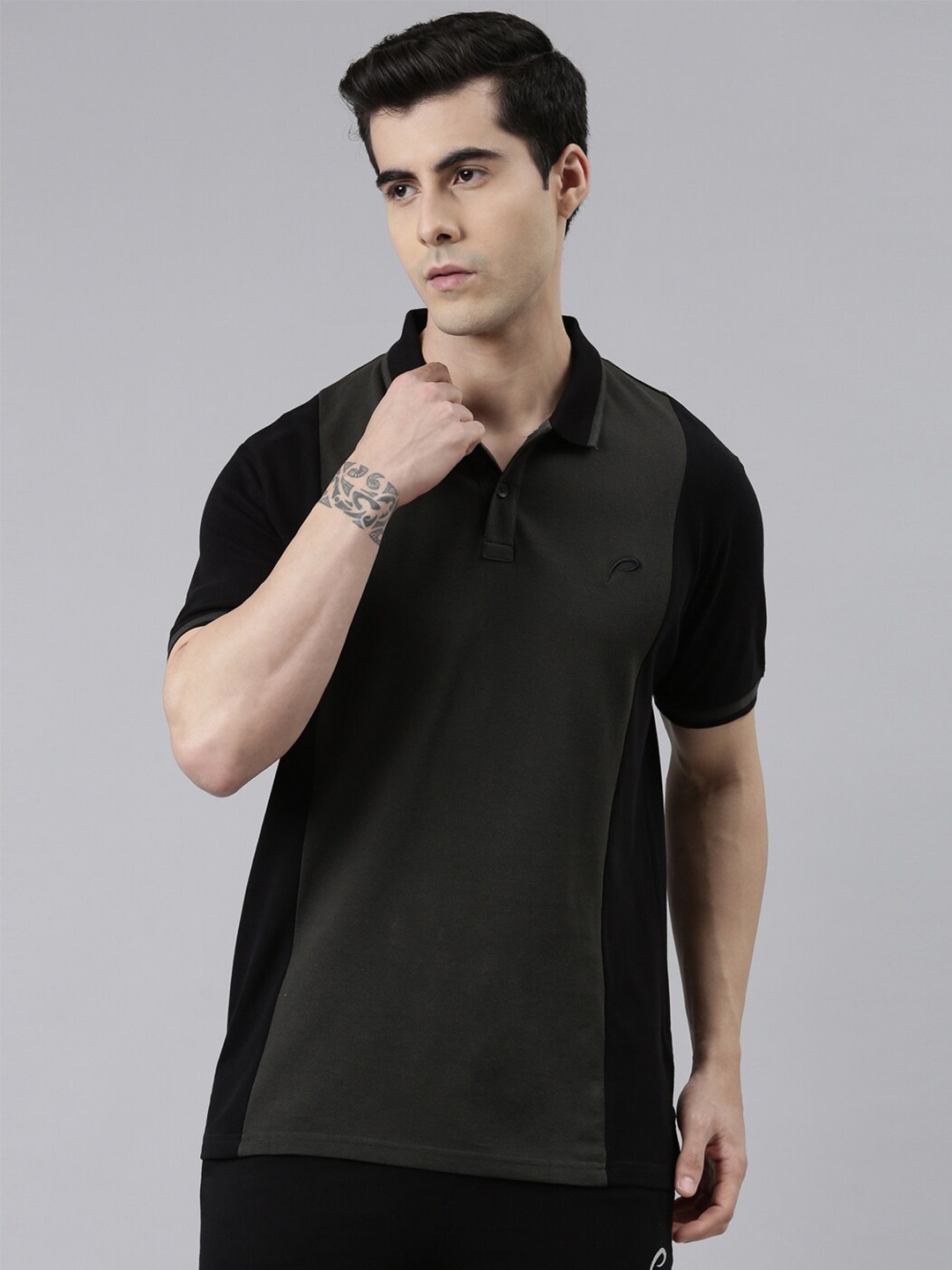 

Proline Active Men Olive Green Colourblocked Polo Collar T-shirt