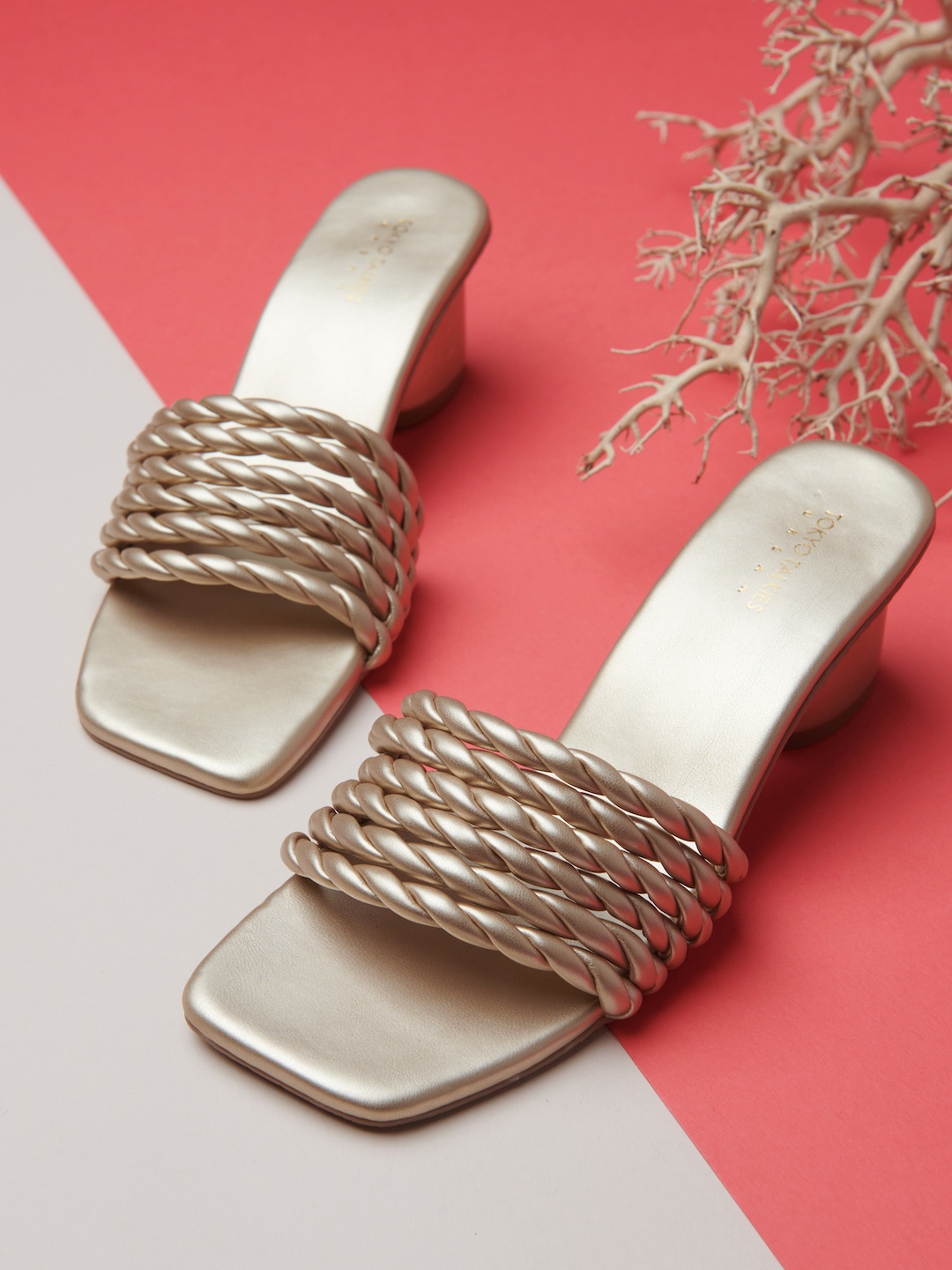 

Tokyo Talkies Gold-Toned Printed PU Block Sandals