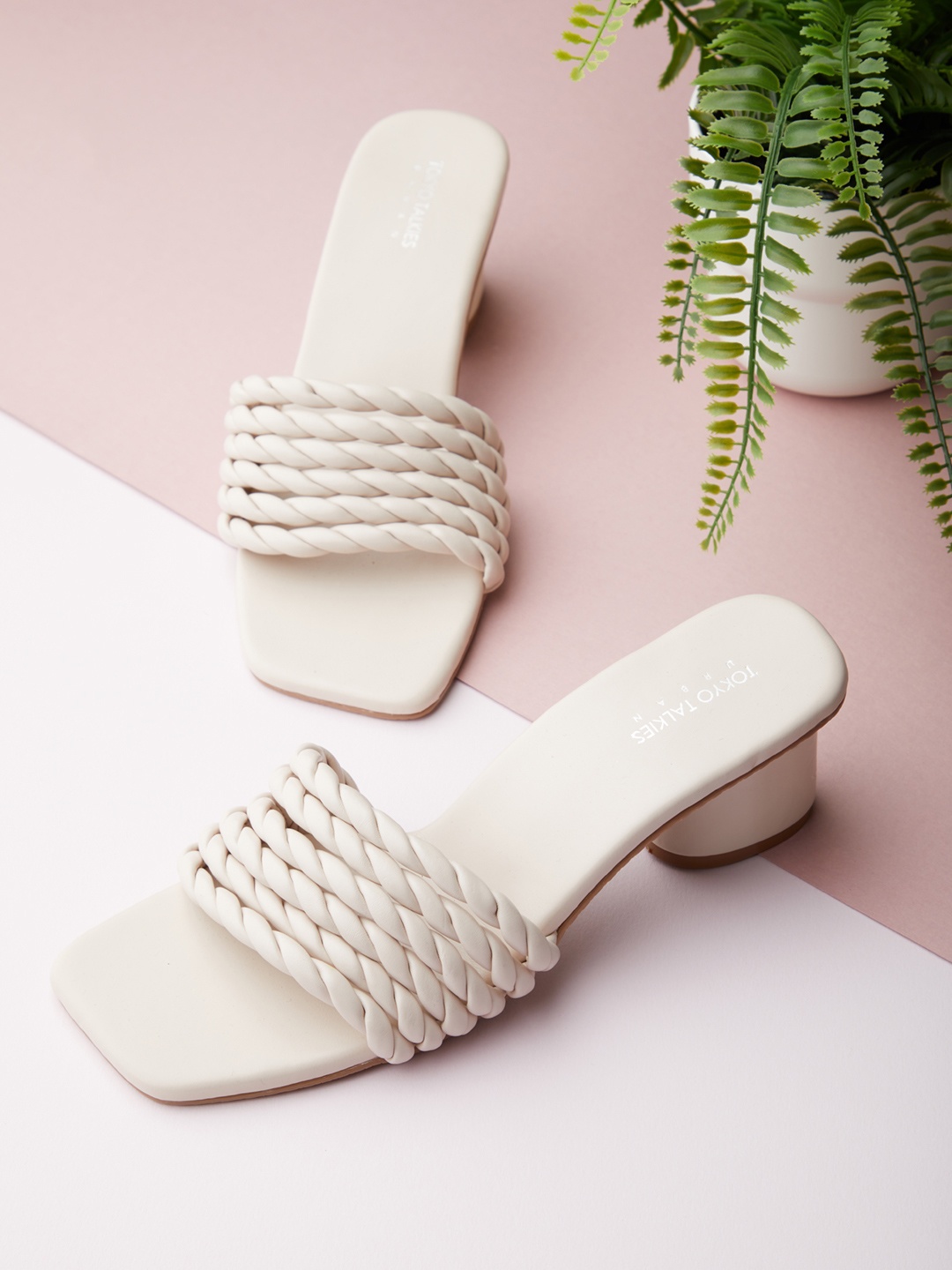 

Tokyo Talkies White Embellished PU Block Mules