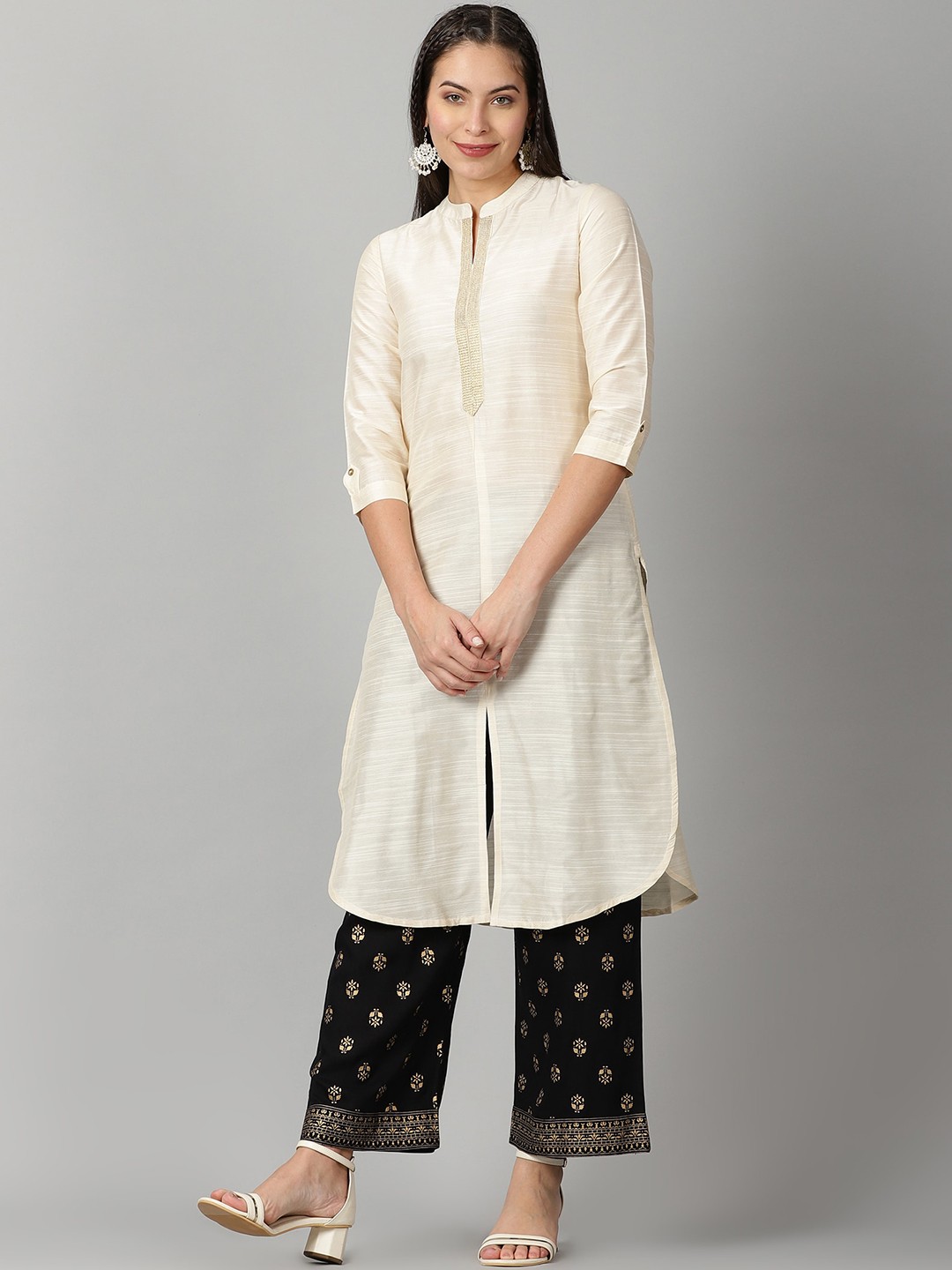

Saffron Threads Women Off White Thread Work Kurta with Palazzos
