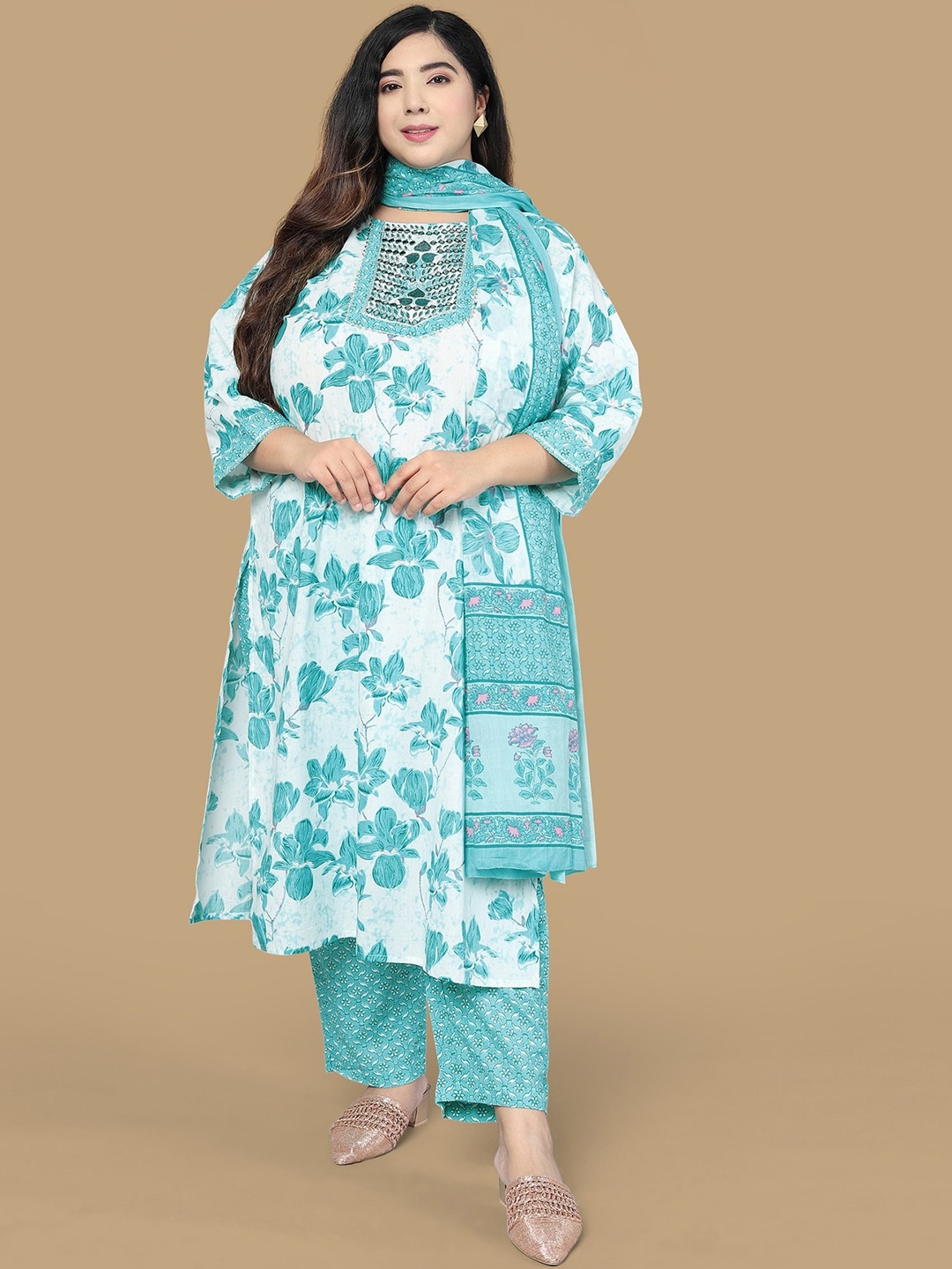 

MIRCHI FASHION Women Turquoise Blue Floral Printed Empire Thread Work Pure Cotton Kurta with Trousers & With
