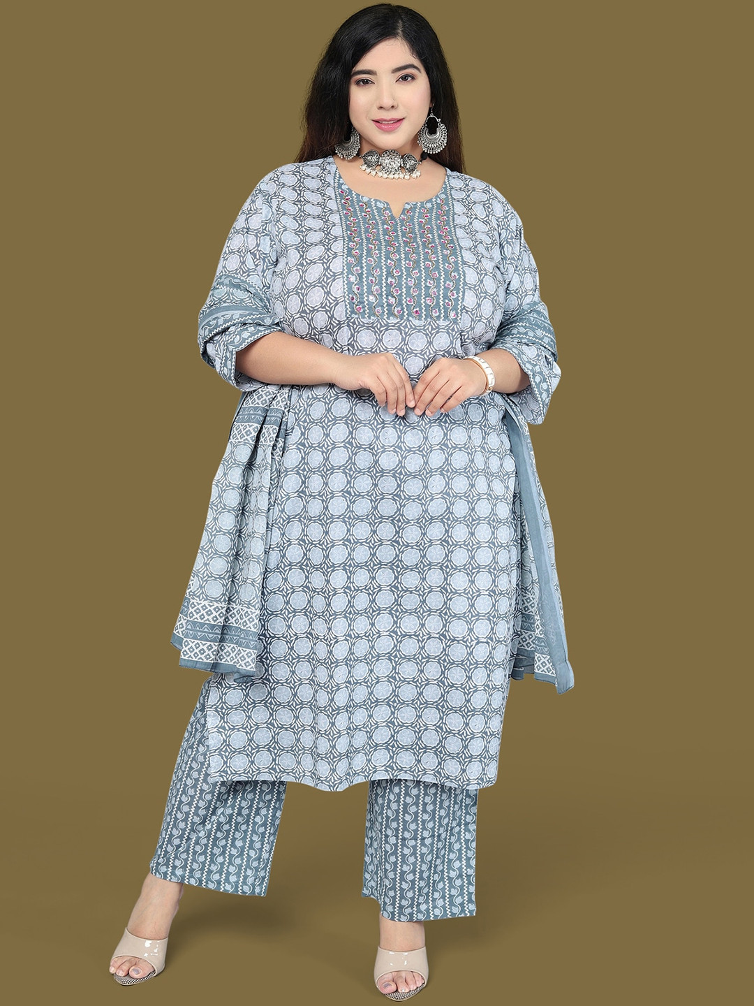 

MIRCHI FASHION Women Grey Ethnic Motifs Printed Thread Work Pure Cotton Kurta with Trousers & With Dupatta