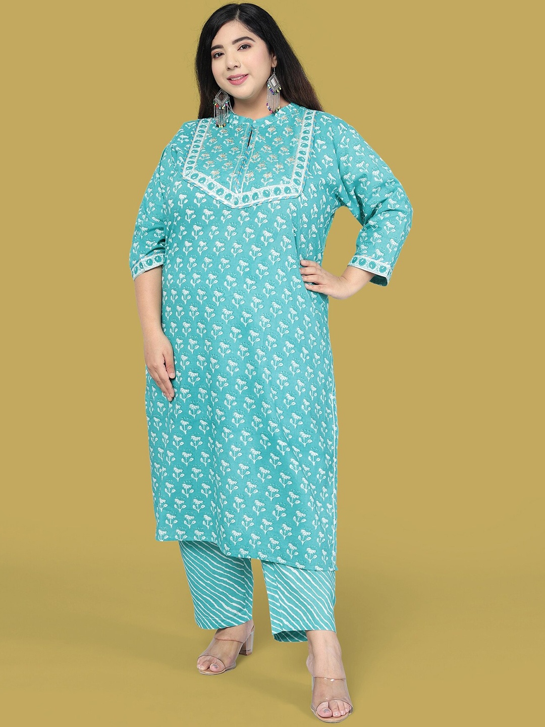 

MIRCHI FASHION Women Turquoise Blue Bandhani Printed Empire Sequinned Pure Cotton Kurti with Trousers & With