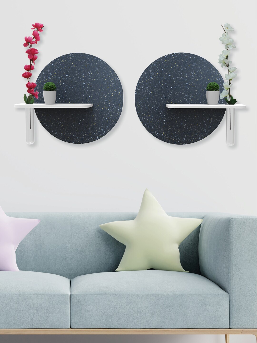 

RANDOM Blue Circular Set of 2 Wall Hanging MDF Wood Planter Stand With Plants