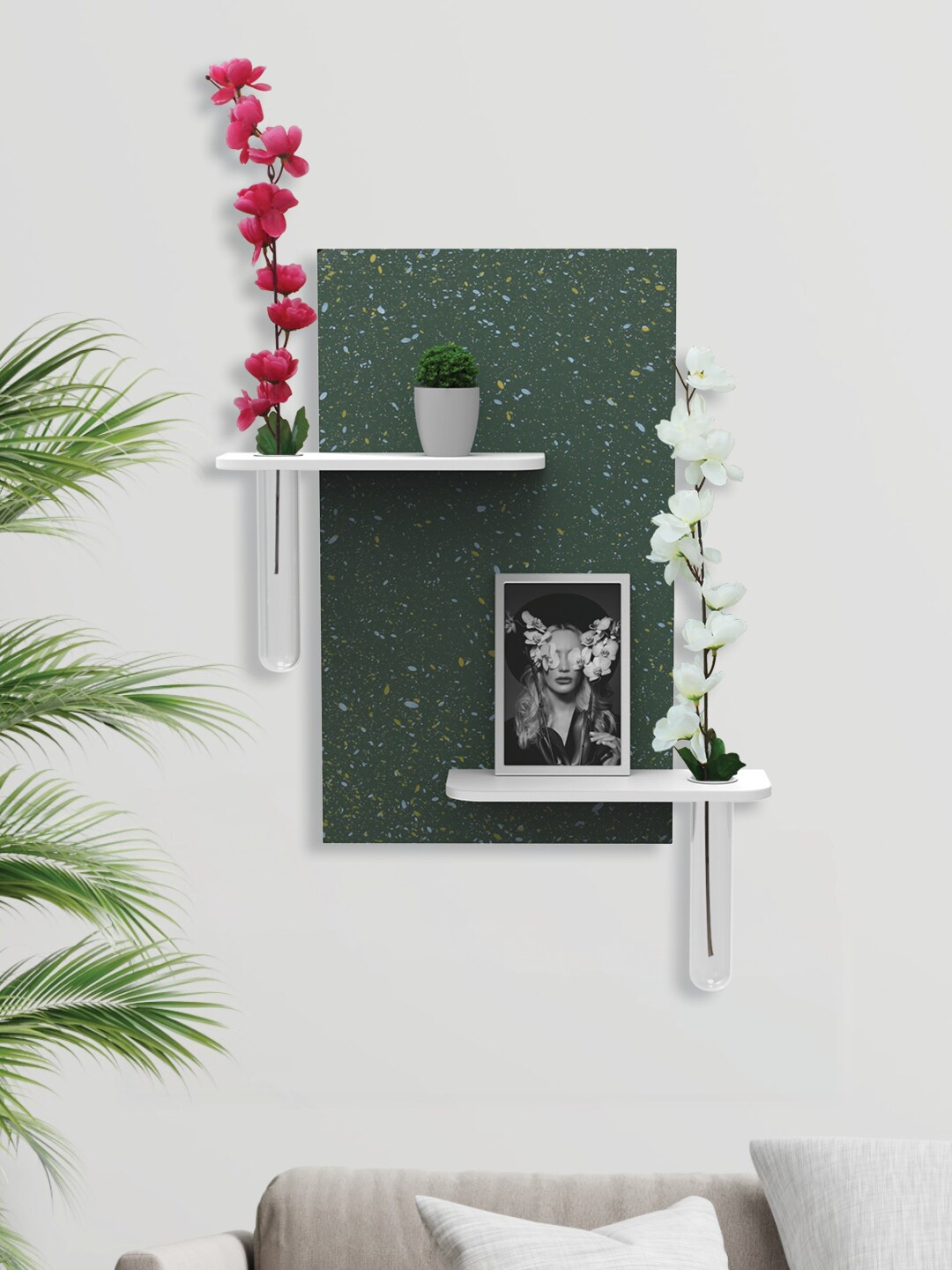 

RANDOM Rectangle Wall Hanging Artificial Flowers & Plants with 2 Cherry Blossom flowers, Green