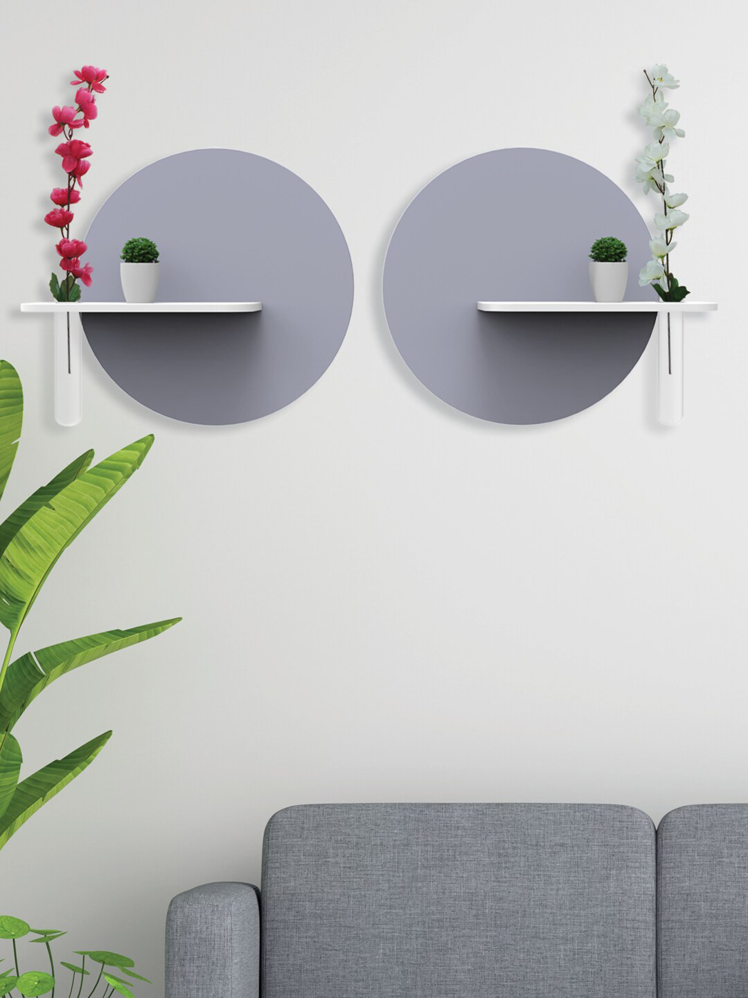 

RANDOM Grey Circular Set of 2 Wall Hanging MDF Wood Planter Stand With Plants