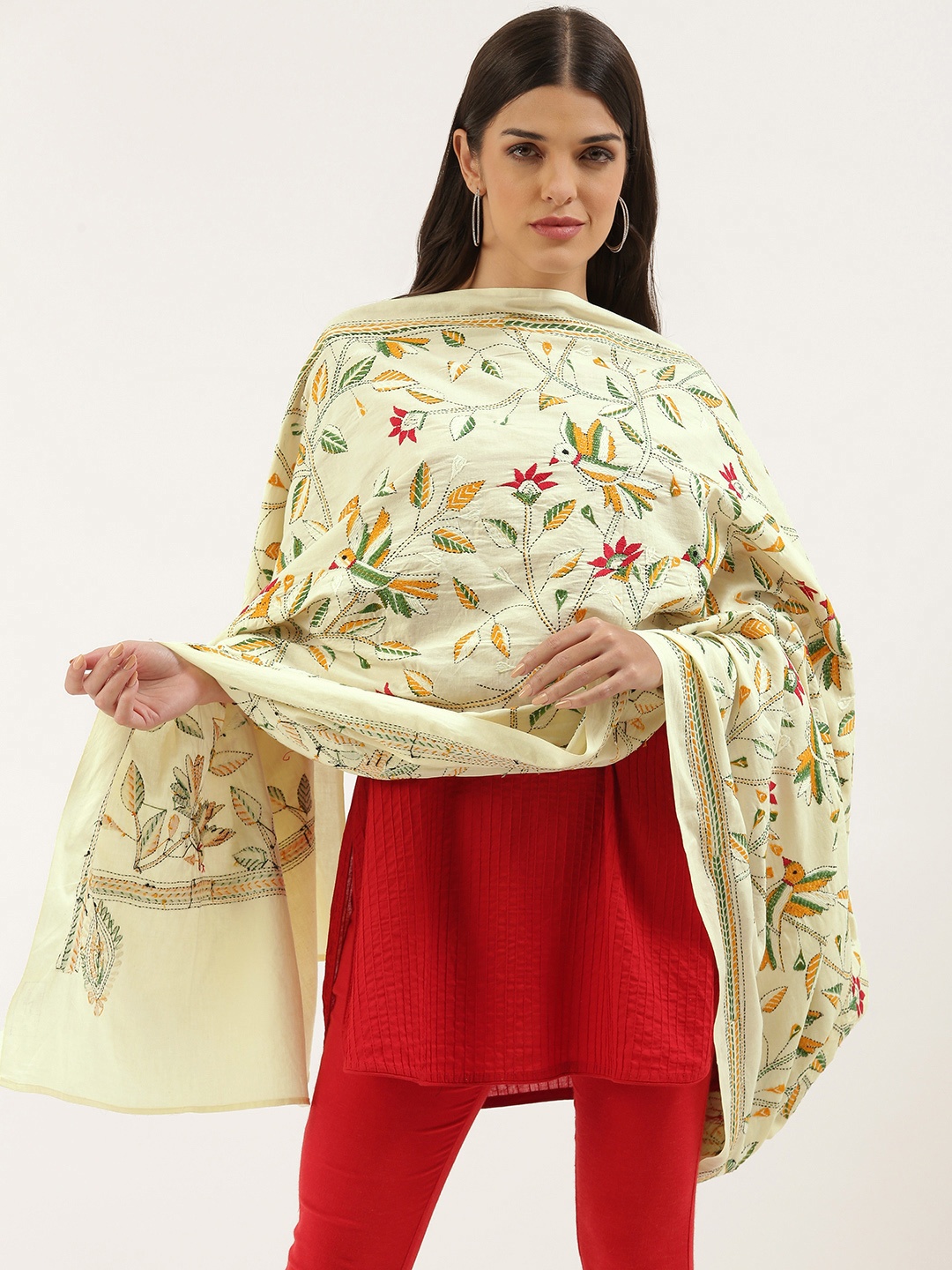 

ArtEastri Cream-Coloured & Mustard Embroidered Pure Cotton Dupatta with Kantha Work