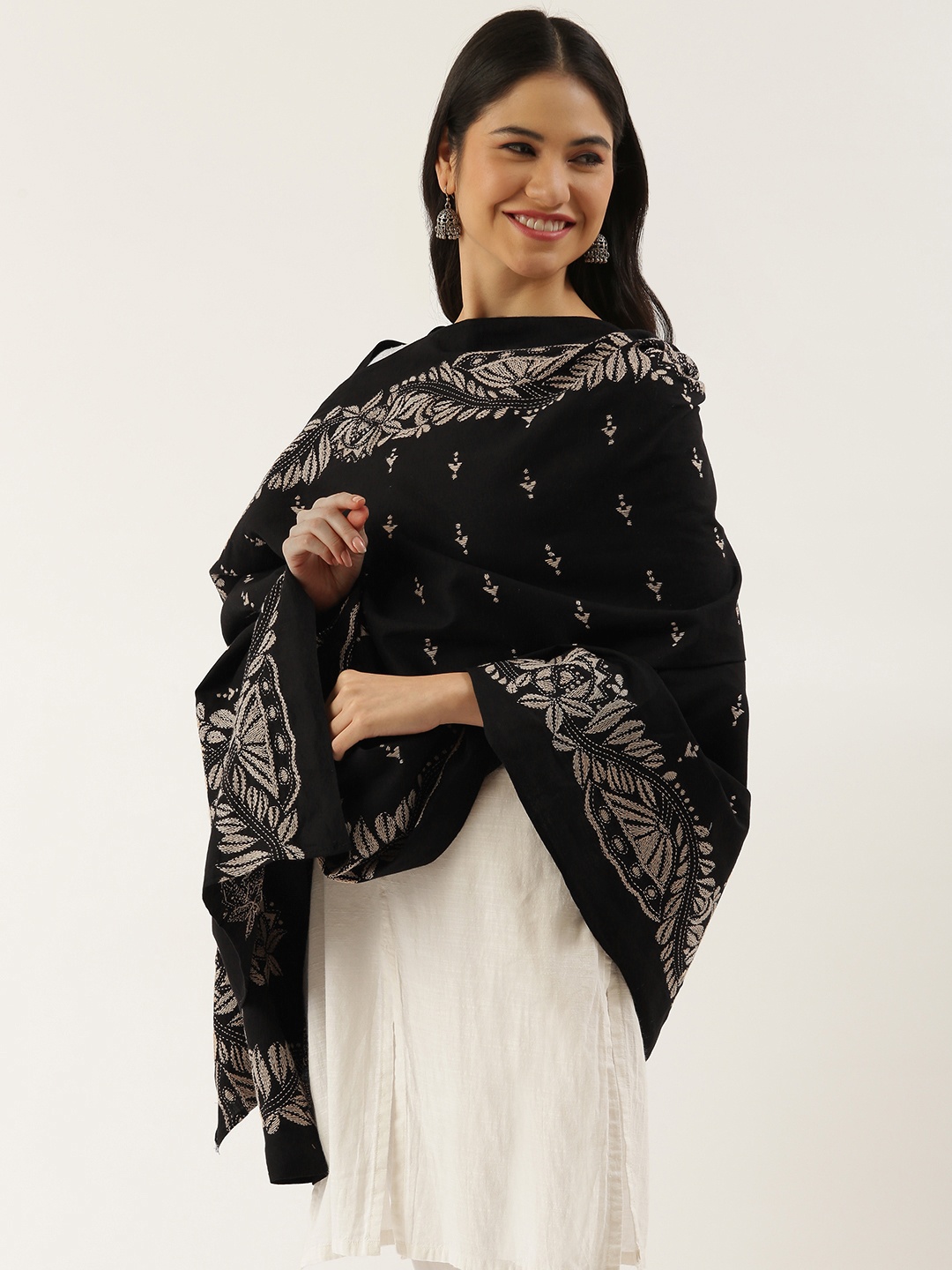 

ArtEastri Black & Beige Embroidered Pure Cotton Dupatta with Kantha Work