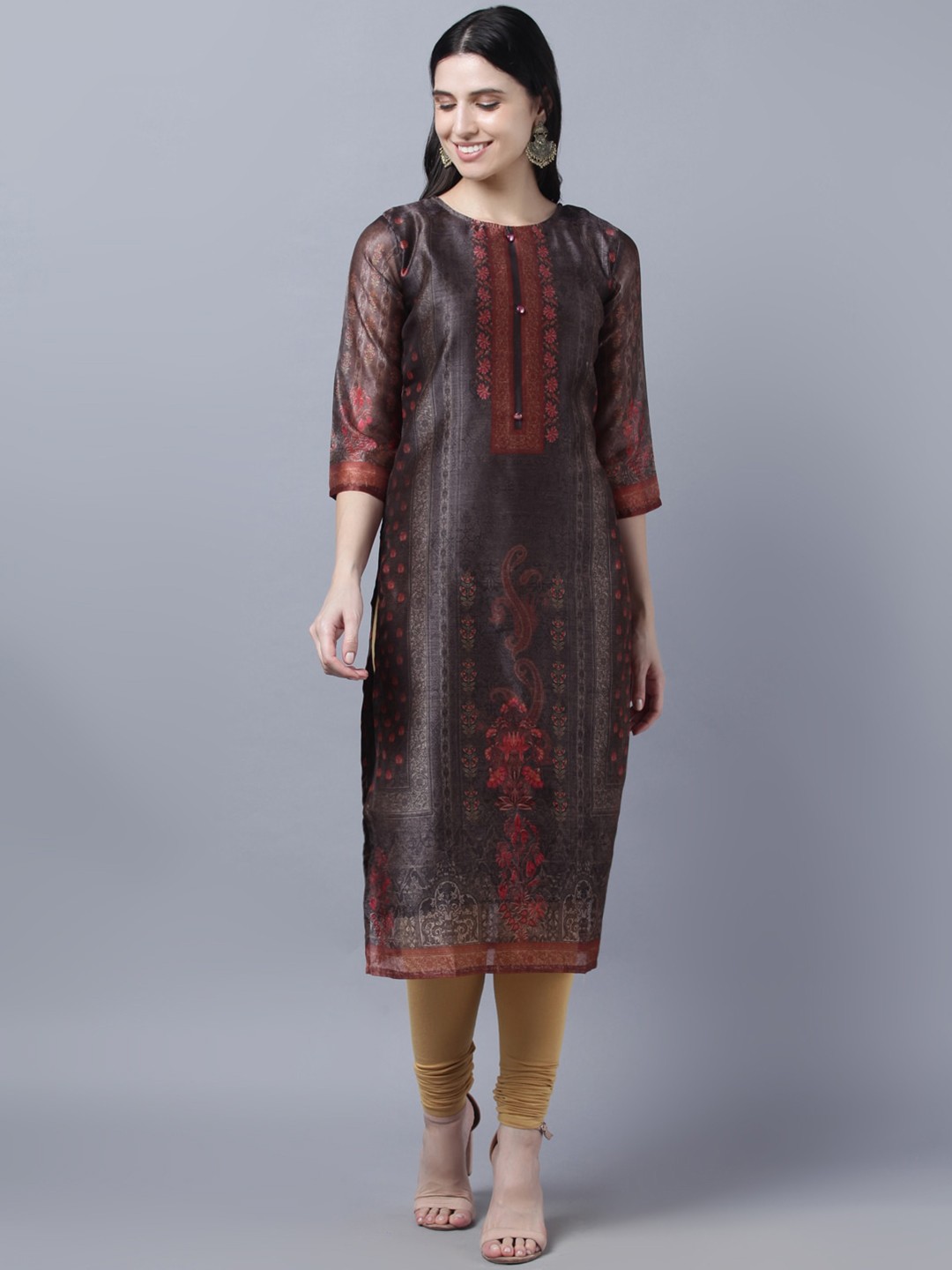 

Myshka Women Multicoloured Ethnic Motifs Printed Keyhole Neck Chanderi Silk Kurta, Multi