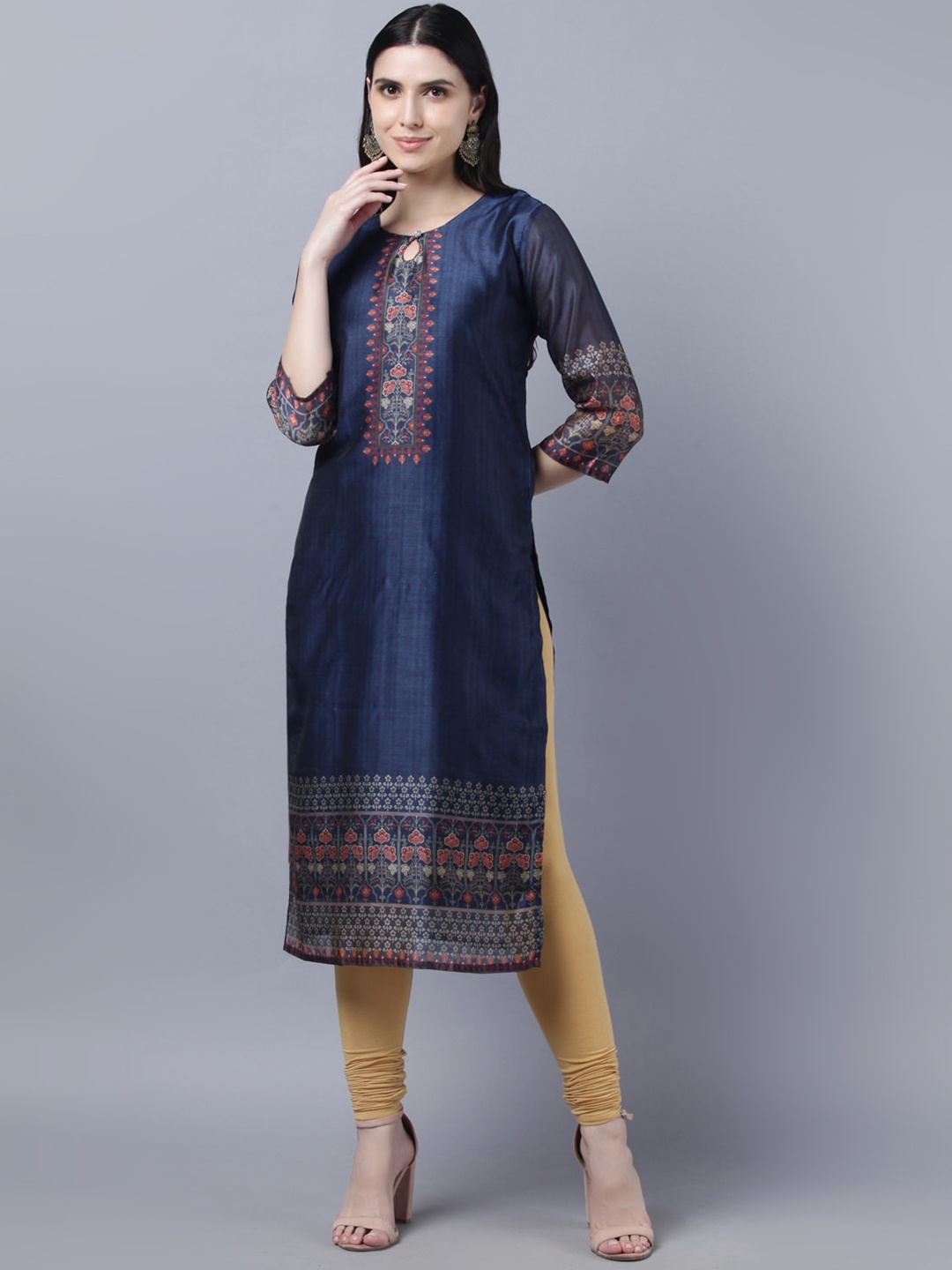 

Myshka Women Navy Blue Geometric Yoke Design Keyhole Neck Chanderi Silk Kurta