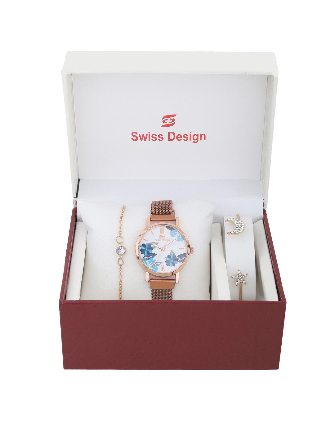 

Swiss Design Women Rose Gold-Toned & White Watch & Jewellery Gift Set- 82